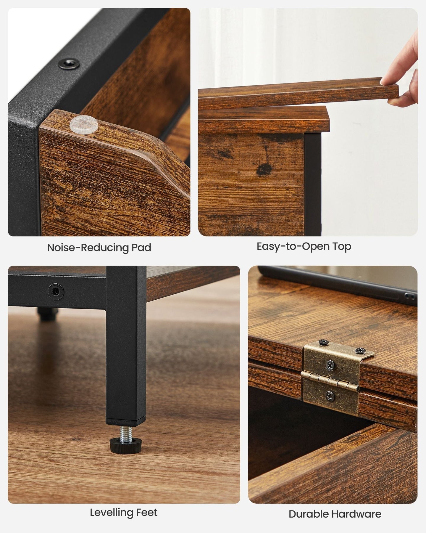 Slim Side Table - Wood - Rustic Brown and Black - Features Charging Station with USB Ports and Storage Bags