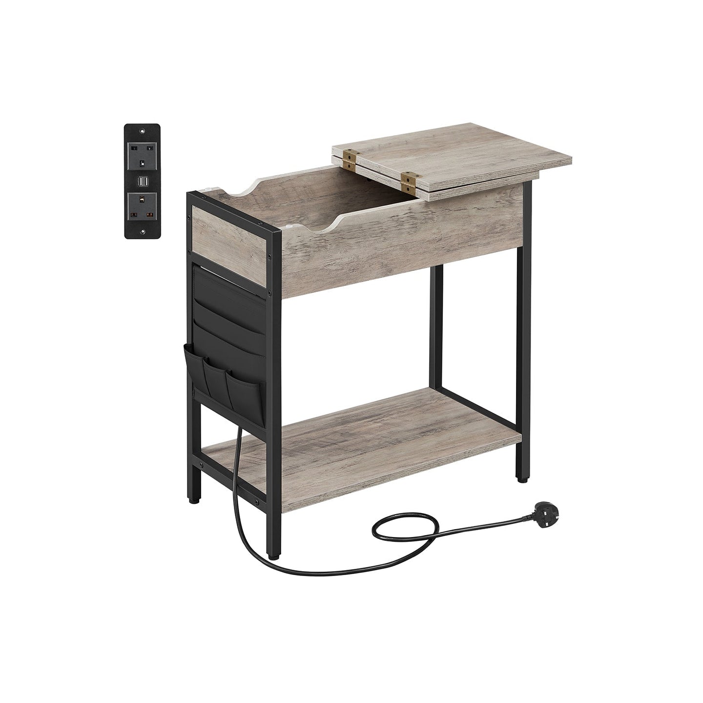 Slim Side Table - Wood - Rustic Brown and Black - Charging Station with USB Ports and Outlets