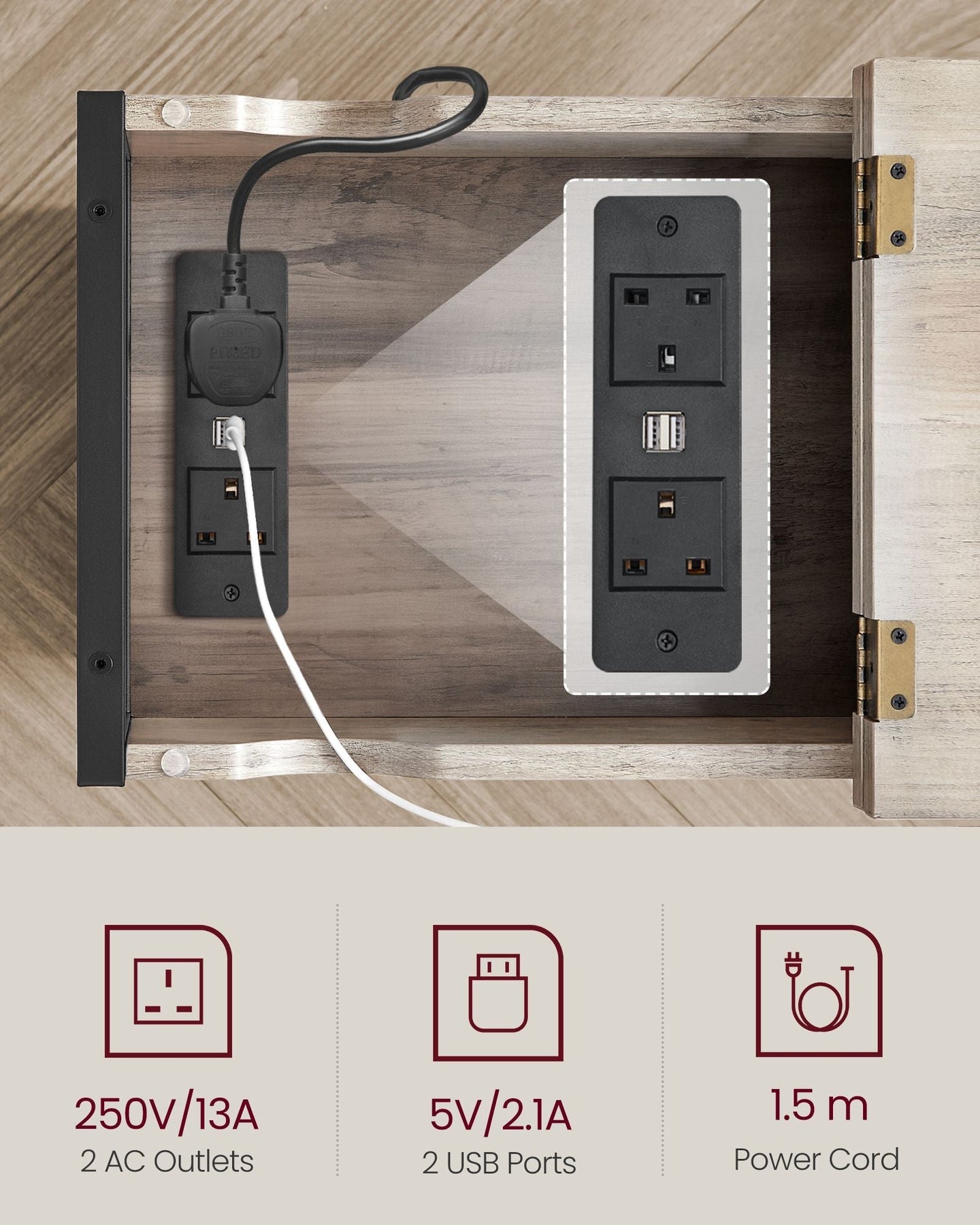 Slim Side Table - Wood - Rustic Brown and Black - Charging Station with USB Ports and Outlets