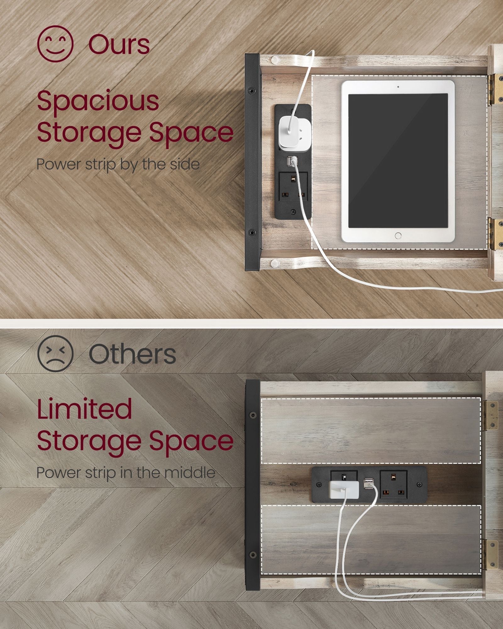 Slim Side Table - Wood - Rustic Brown and Black - Charging Station with USB Ports and Outlets
