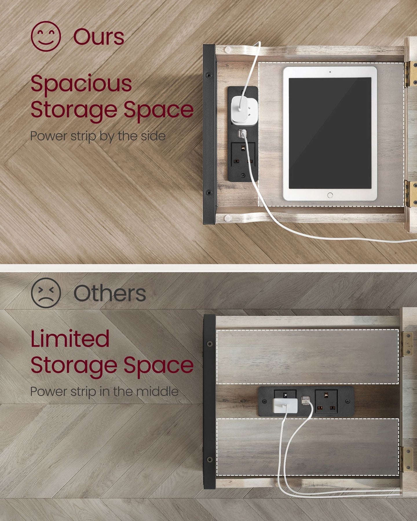 Slim Side Table - Wood - Rustic Brown and Black - Charging Station with USB Ports and Outlets