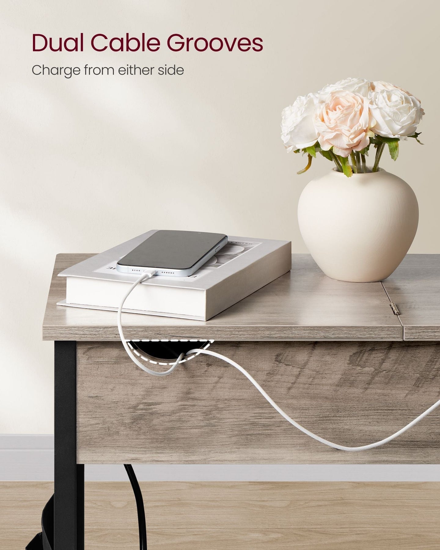 Slim Side Table - Wood - Rustic Brown and Black - Charging Station with USB Ports and Outlets