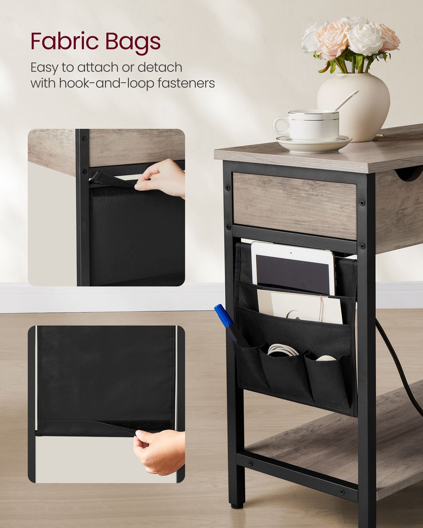 Slim Side Table - Wood - Rustic Brown and Black - Charging Station with USB Ports and Outlets