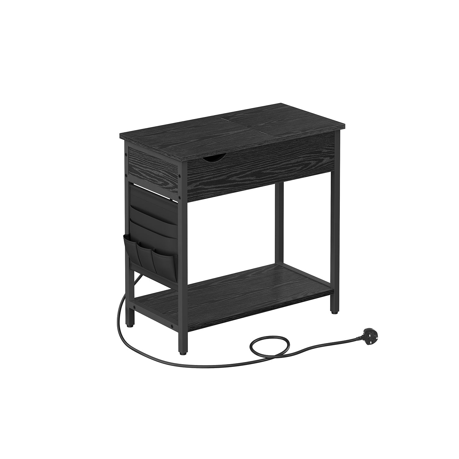 Narrow Nightstand - Wood - Rustic Brown and Black - Integrated Charging Station with USB Ports and Storage Bags