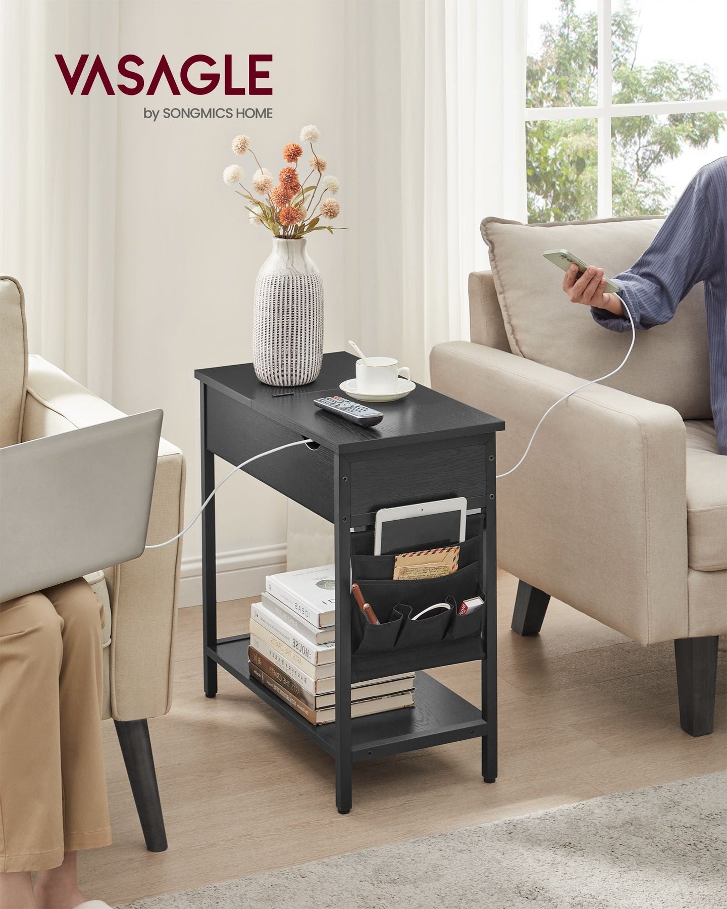 Narrow Nightstand - Wood - Rustic Brown and Black - Integrated Charging Station with USB Ports and Storage Bags