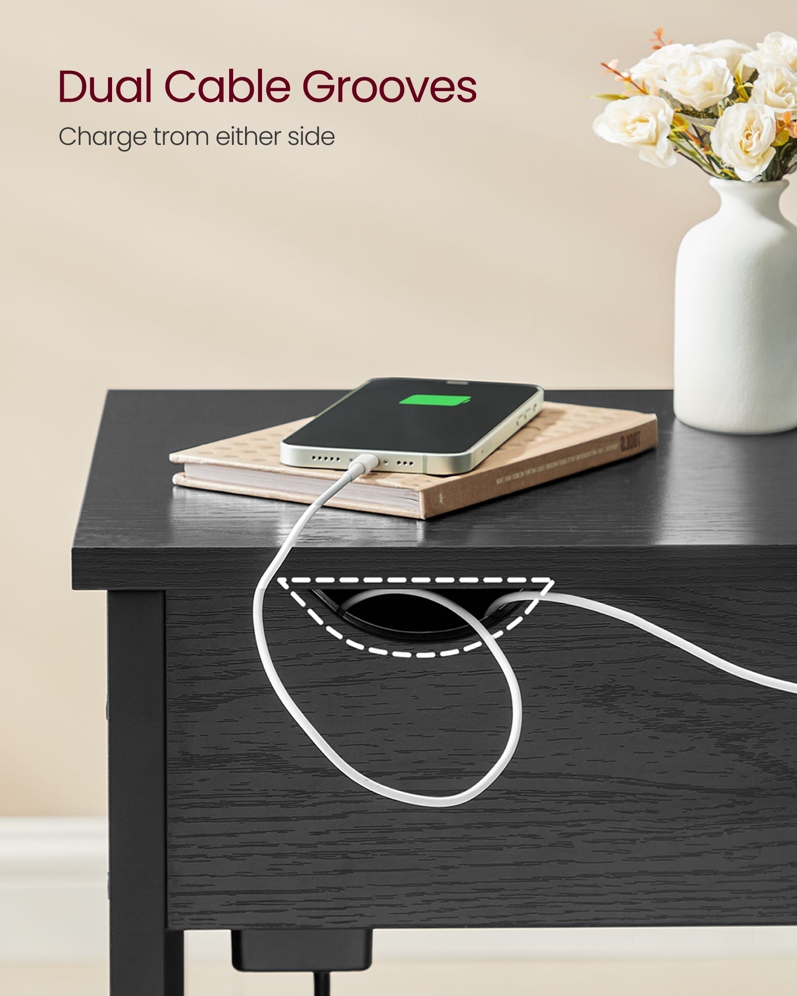 Narrow Nightstand - Wood - Rustic Brown and Black - Integrated Charging Station with USB Ports and Storage Bags