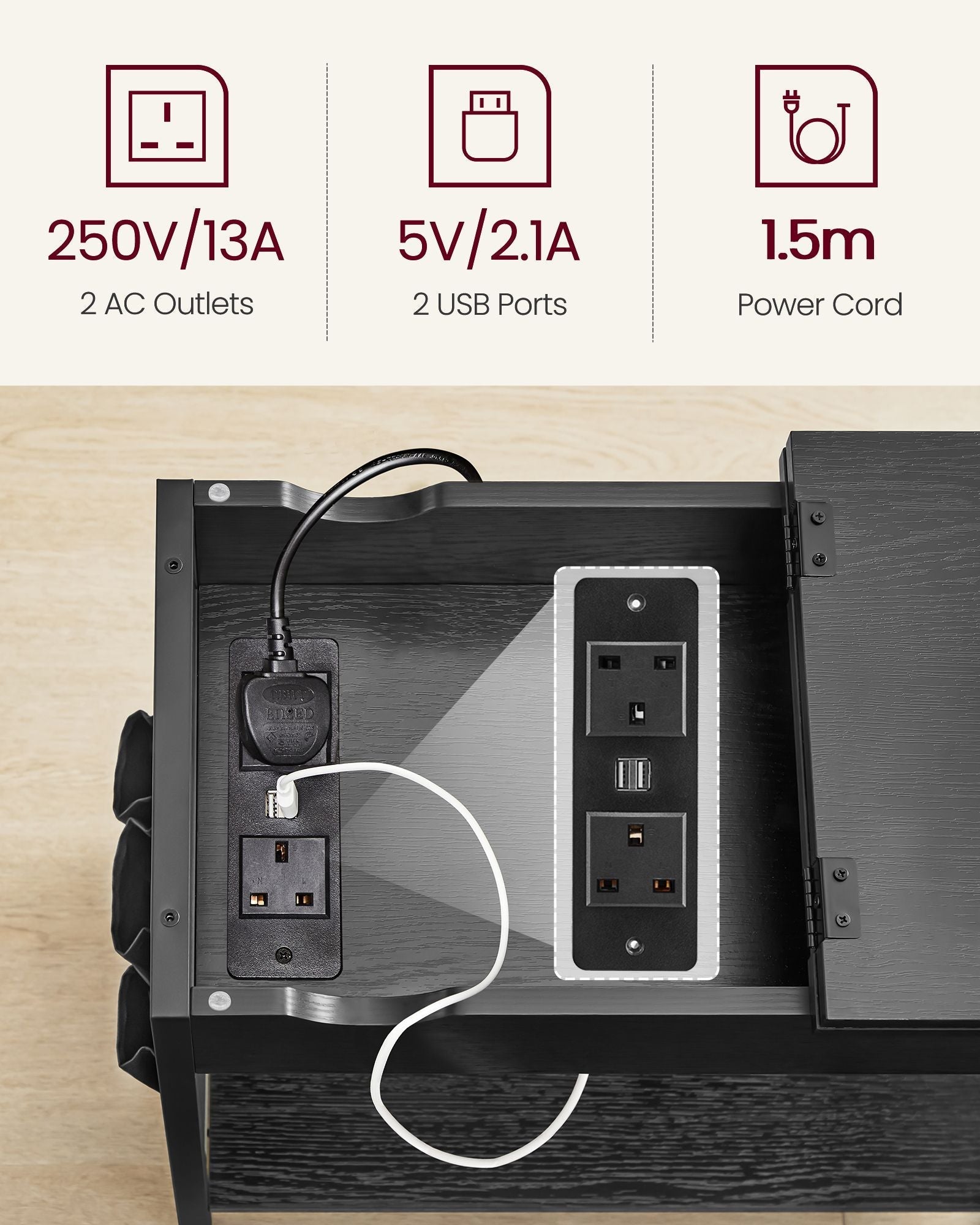 Narrow Nightstand - Wood - Rustic Brown and Black - Integrated Charging Station with USB Ports and Storage Bags