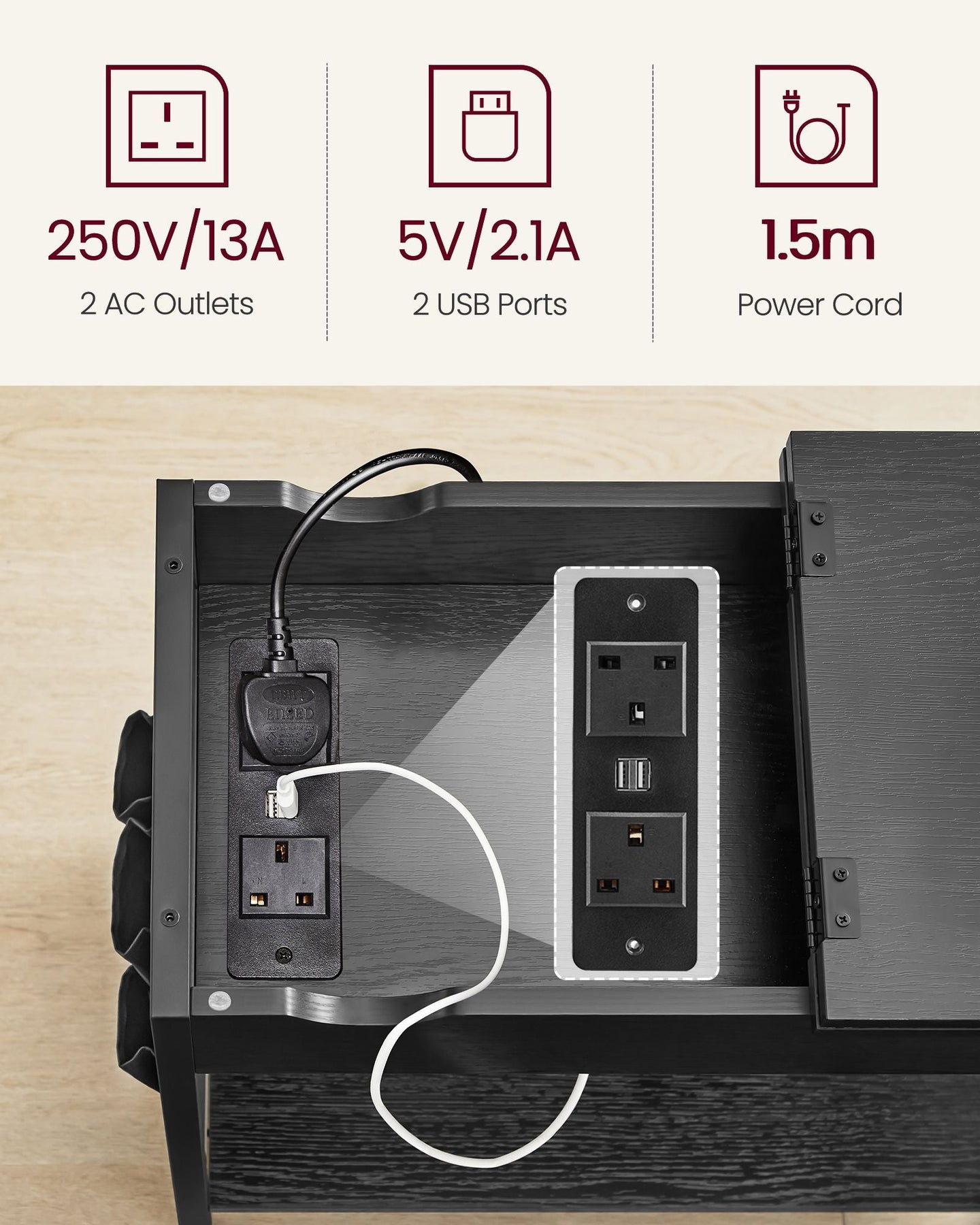 Narrow Nightstand - Wood - Rustic Brown and Black - Integrated Charging Station with USB Ports and Storage Bags