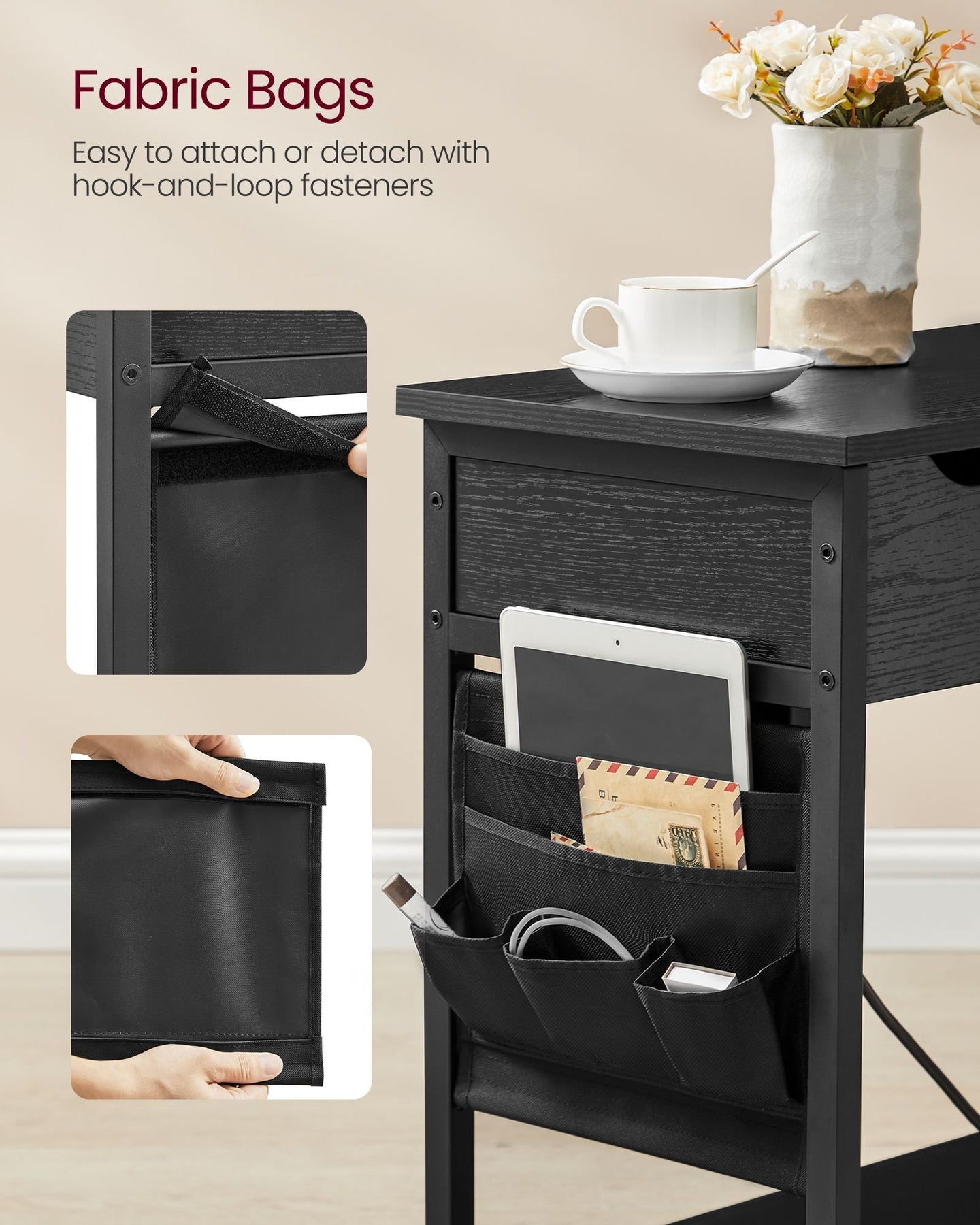 Narrow Nightstand - Wood - Rustic Brown and Black - Integrated Charging Station with USB Ports and Storage Bags