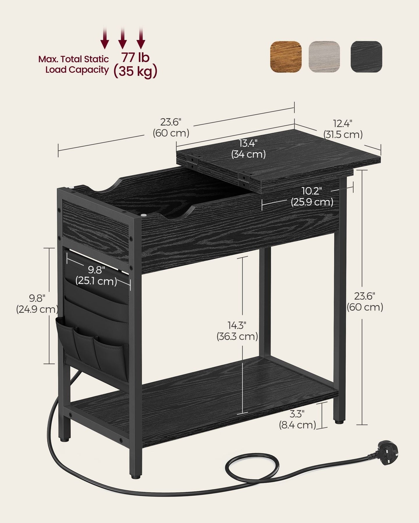 Narrow Nightstand - Wood - Rustic Brown and Black - Integrated Charging Station with USB Ports and Storage Bags
