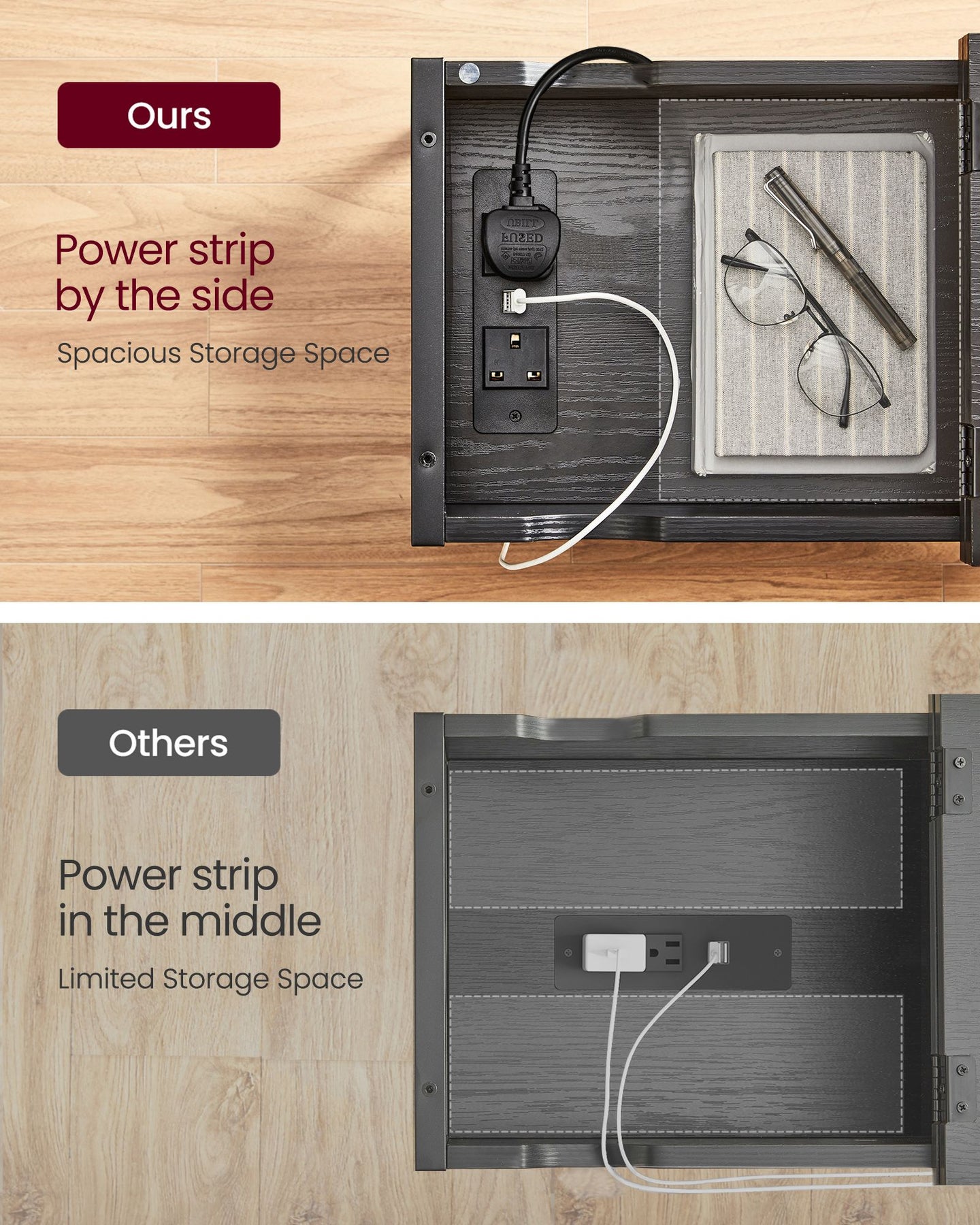 Narrow Nightstand - Wood - Rustic Brown and Black - Integrated Charging Station with USB Ports and Storage Bags