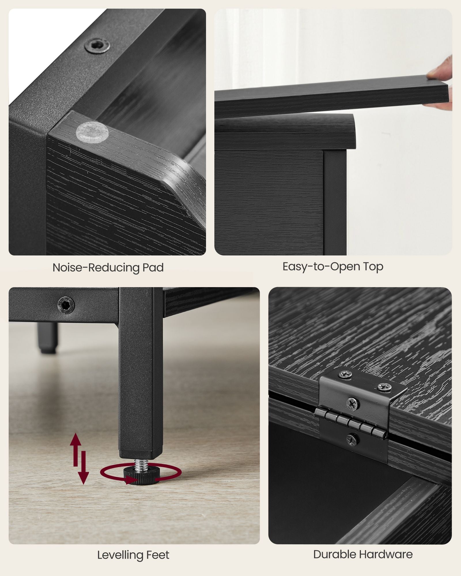 Narrow Nightstand - Wood - Rustic Brown and Black - Integrated Charging Station with USB Ports and Storage Bags
