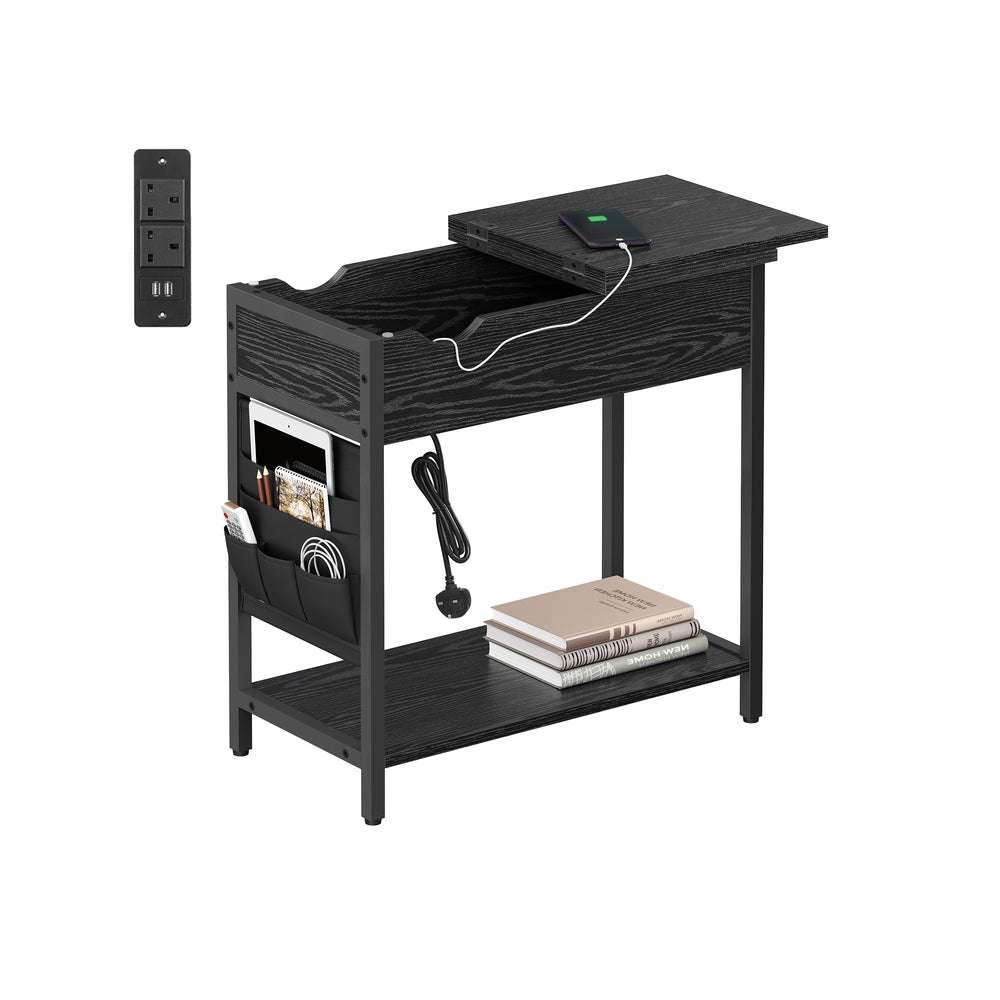 Slim Side Table - Wood - Rustic Brown and Black - Features Charging Station with USB Ports and Storage Bags