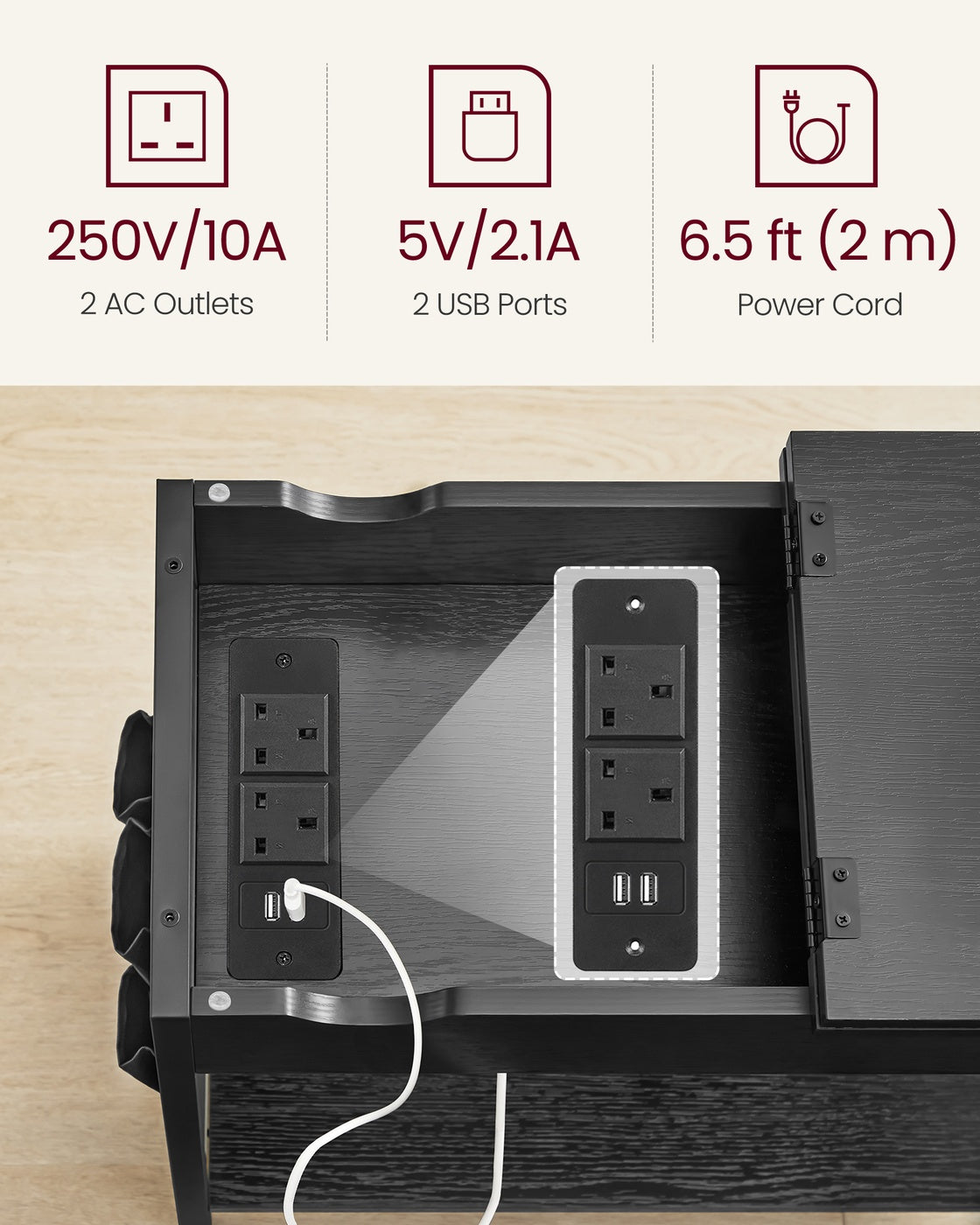 Slim Side Table - Wood - Rustic Brown and Black - Features Charging Station with USB Ports and Storage Bags
