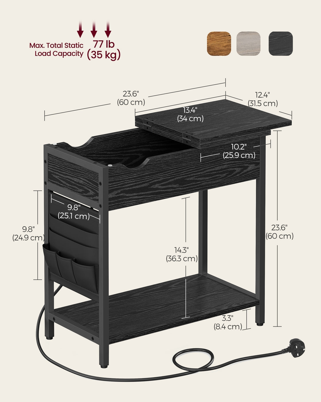 Slim Side Table - Wood - Rustic Brown and Black - Features Charging Station with USB Ports and Storage Bags