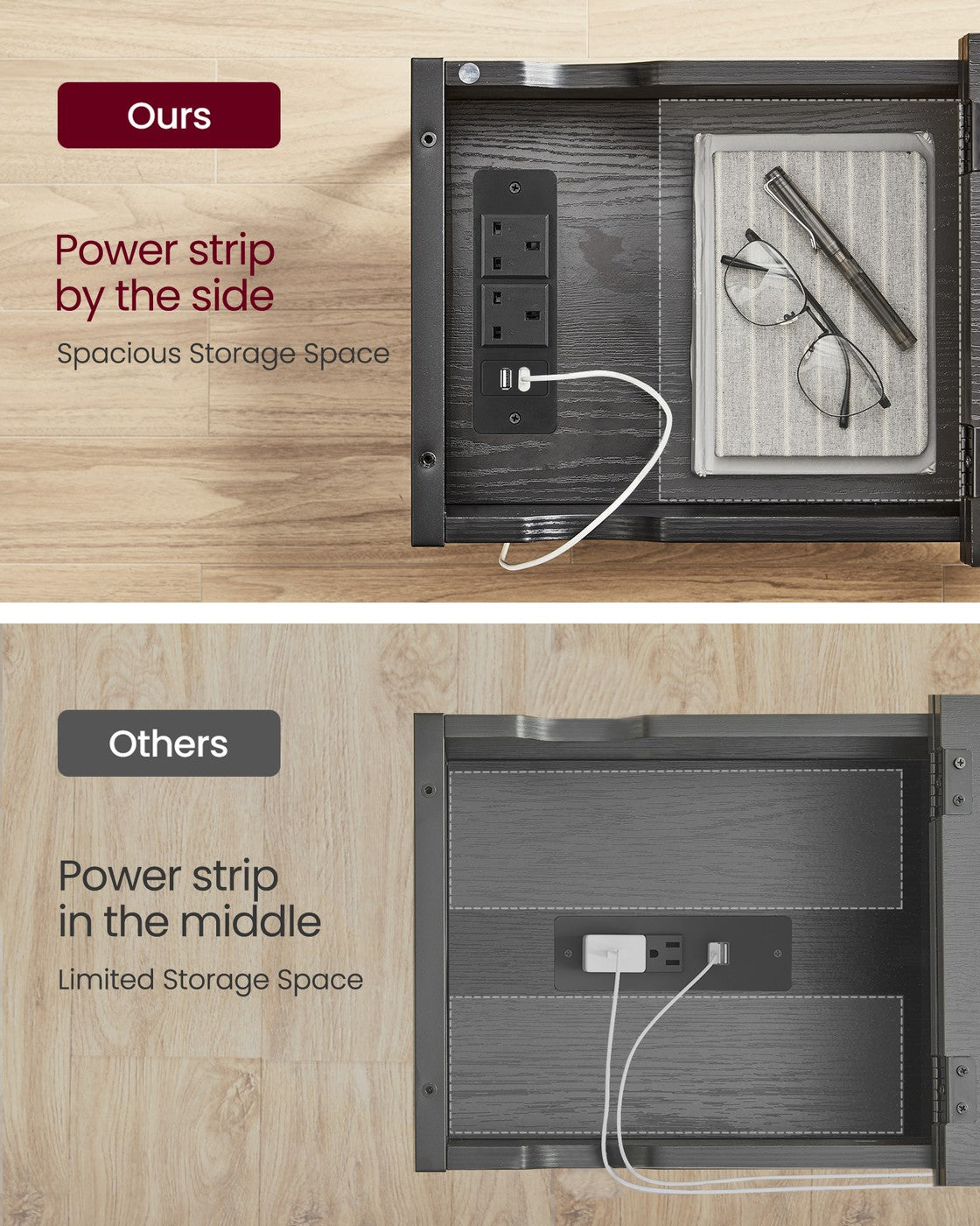 Slim Side Table - Wood - Rustic Brown and Black - Features Charging Station with USB Ports and Storage Bags
