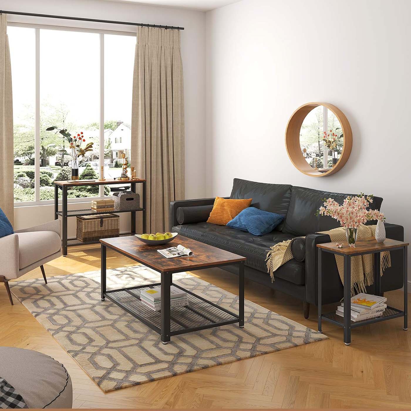 Sofa Table - Iron - Rustic Brown - Narrow Design with Mesh Shelf