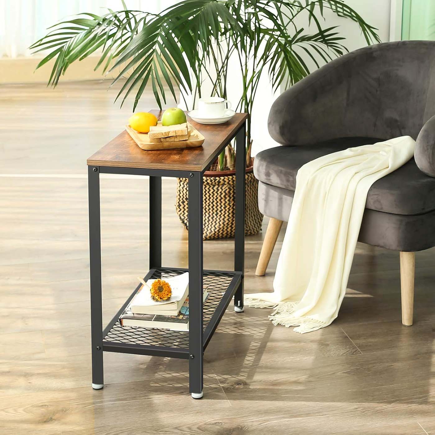 Sofa Table - Iron - Rustic Brown - Narrow Design with Mesh Shelf