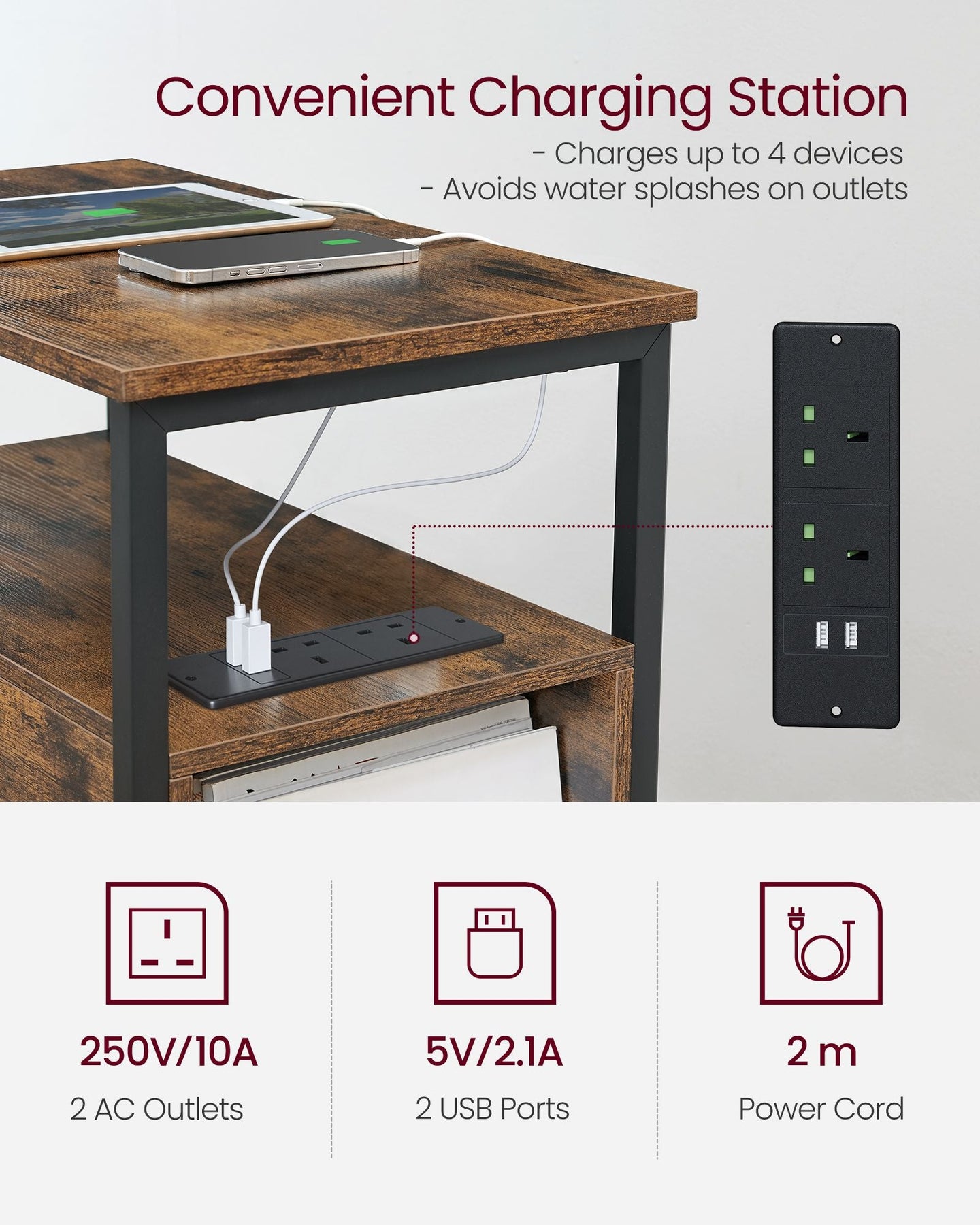 Slim Side Table - Wood - Rustic Brown - Charging Station with 2 Drawers