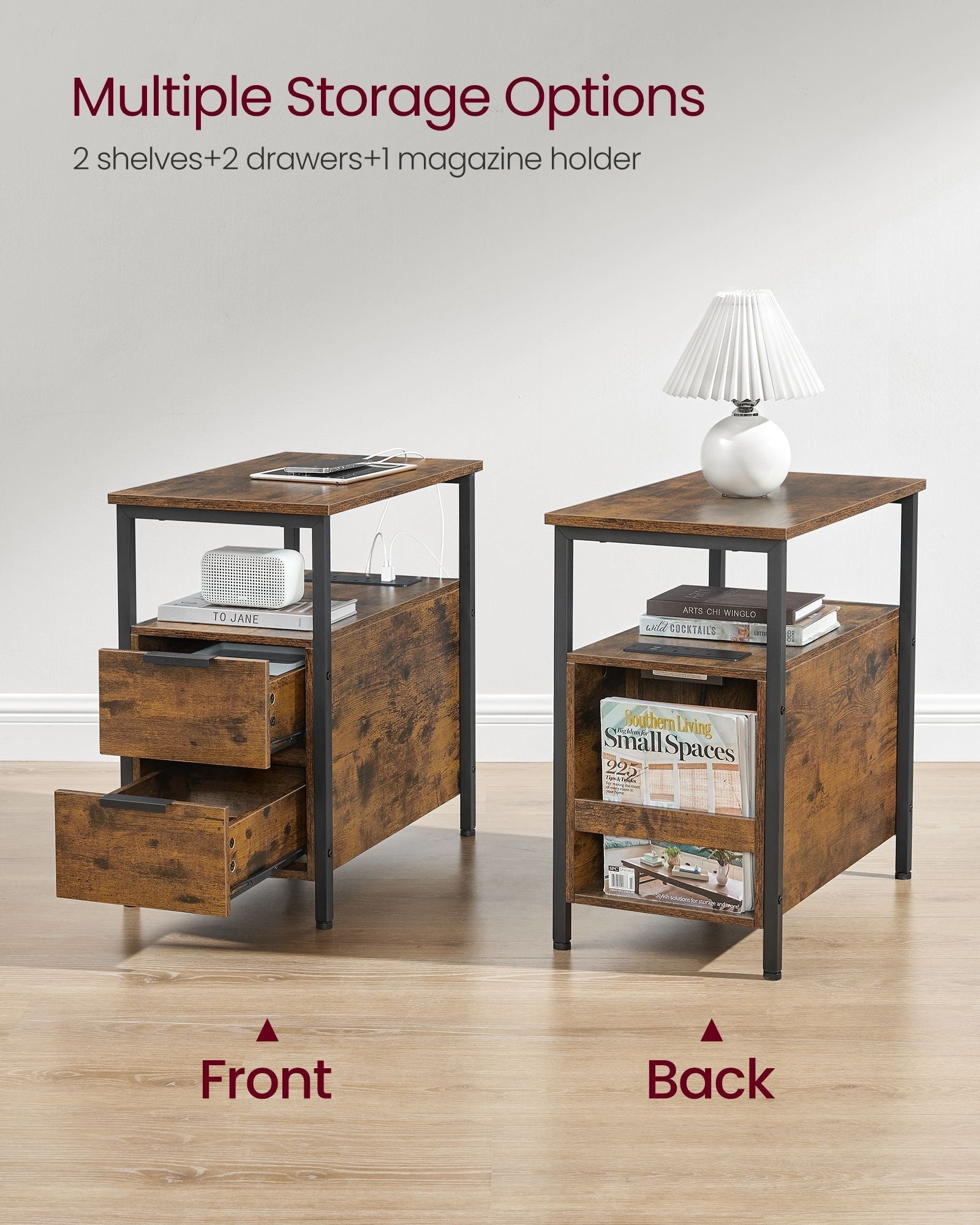 Slim Side Table - Wood - Rustic Brown - Charging Station with 2 Drawers