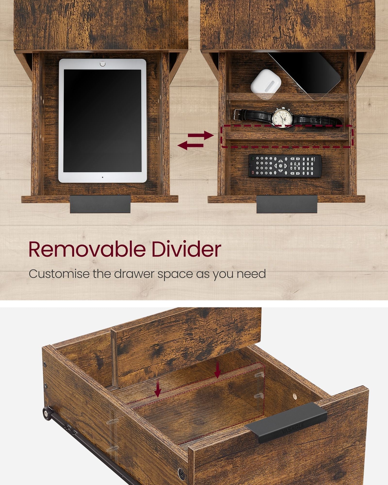 Slim Side Table - Wood - Rustic Brown - Charging Station with 2 Drawers