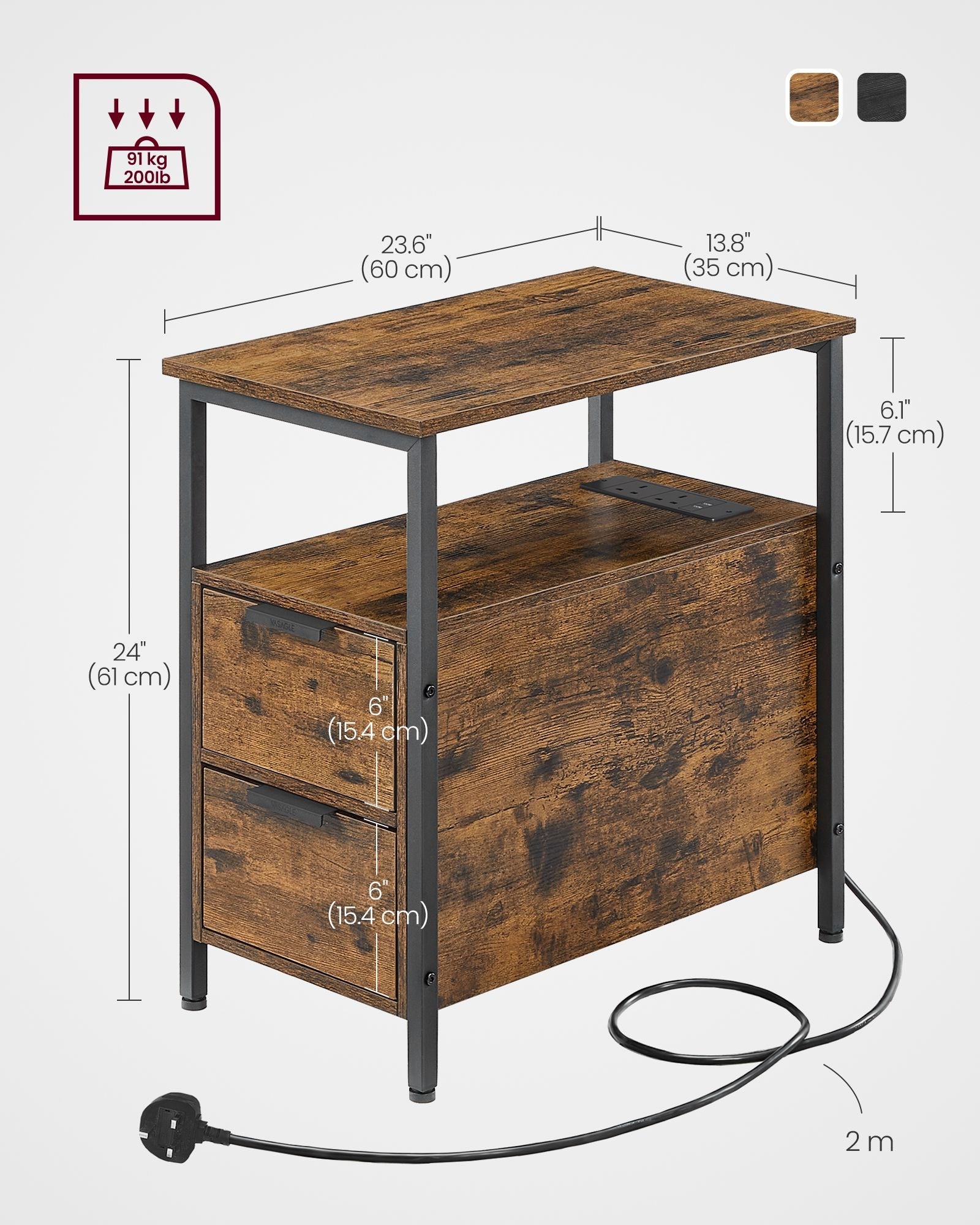 Slim Side Table - Wood - Rustic Brown - Charging Station with 2 Drawers