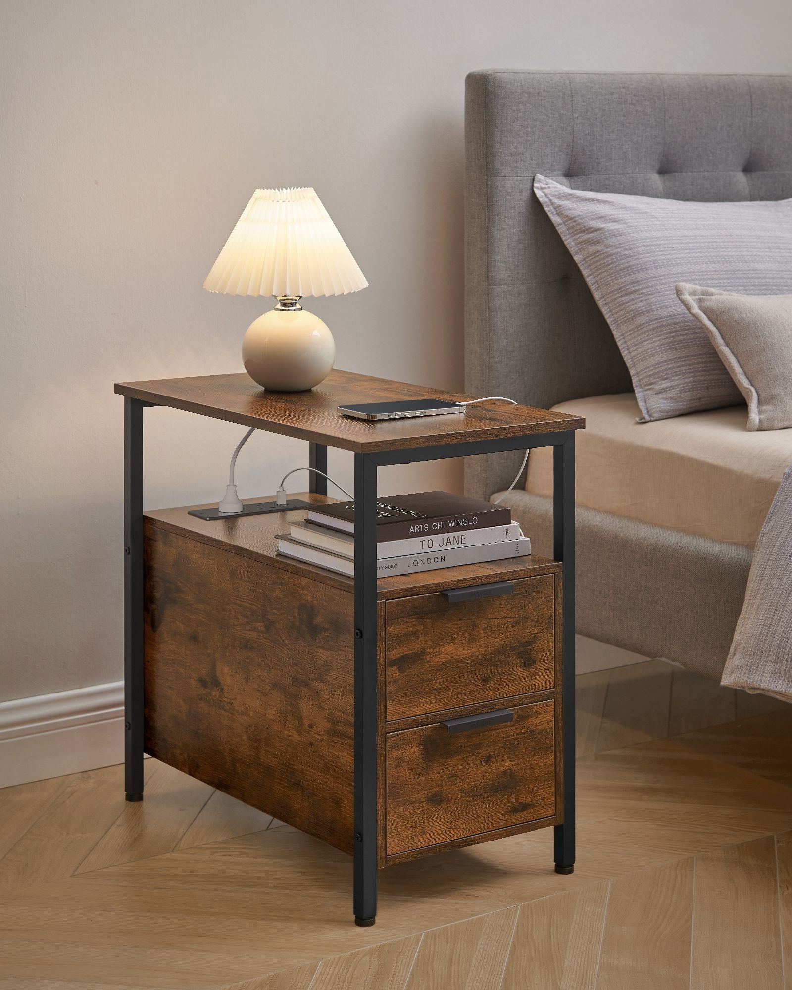 Slim Side Table - Wood - Rustic Brown - Charging Station with 2 Drawers