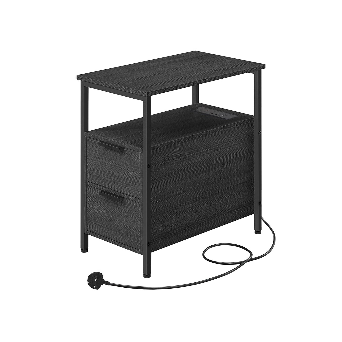 Slim Side Table - Wood - Rustic Brown - Charging Station with 2 Drawers