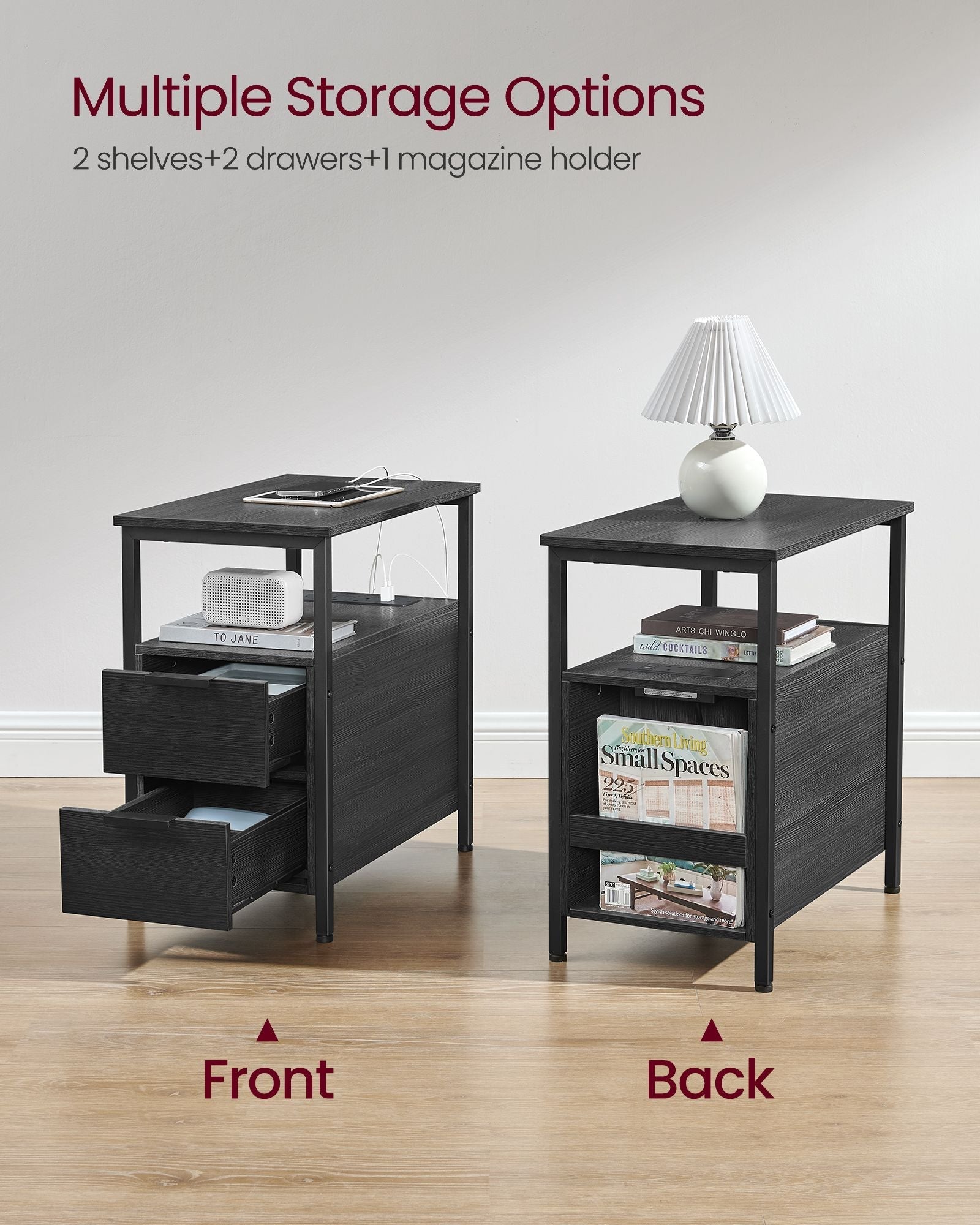 Slim Side Table - Wood - Rustic Brown - Charging Station with 2 Drawers