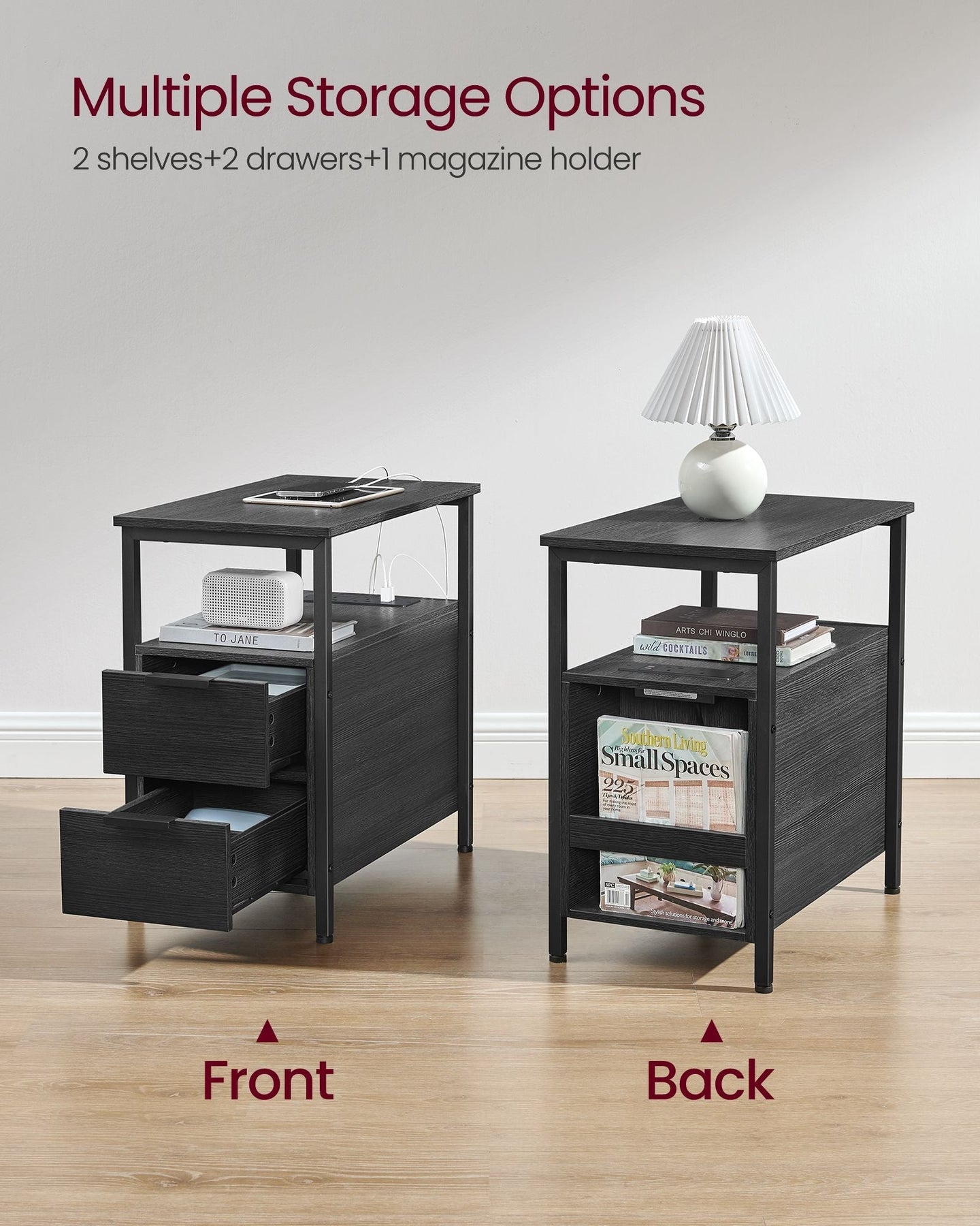 Slim Side Table - Wood - Rustic Brown - Charging Station with 2 Drawers