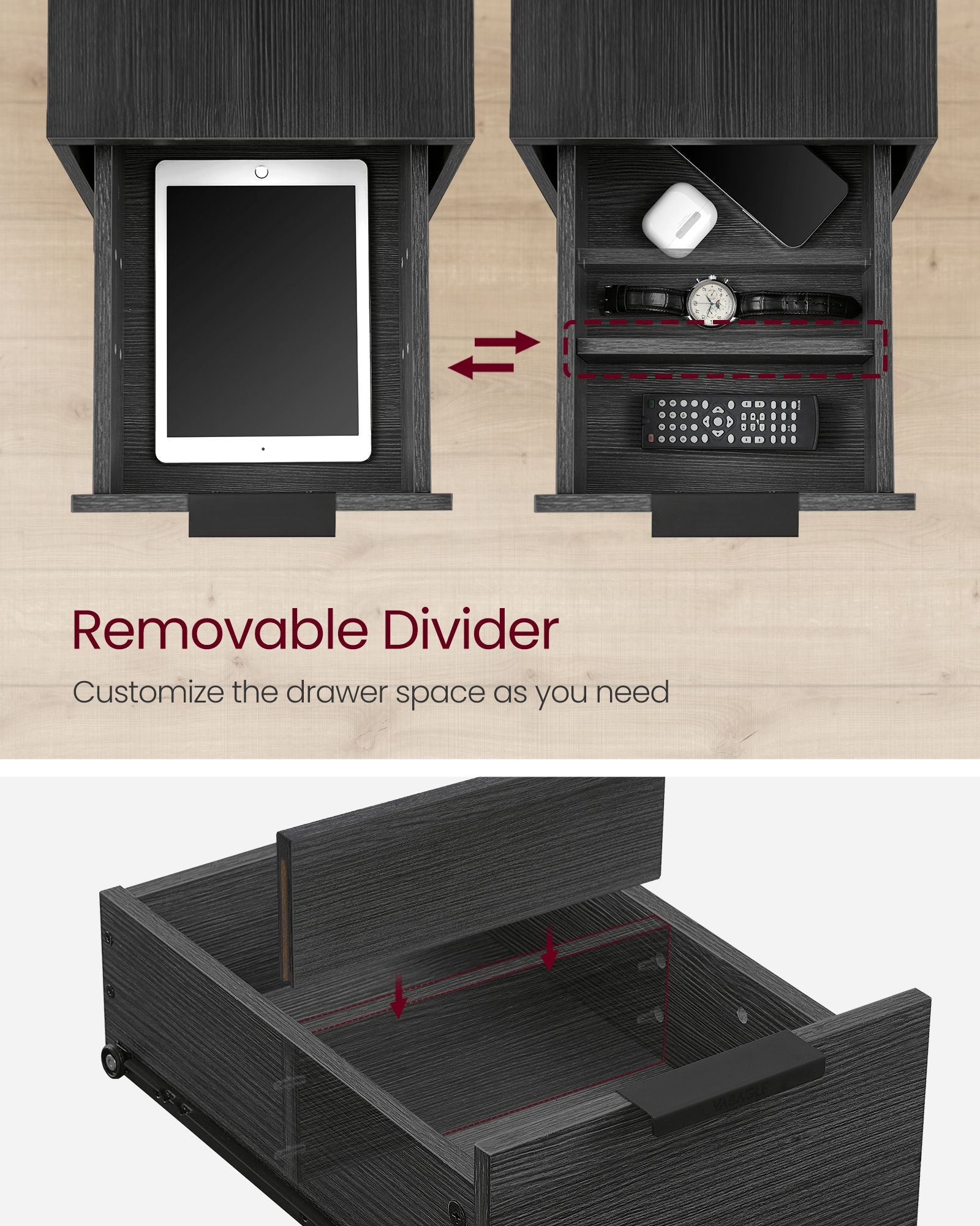 Slim Side Table - Wood - Rustic Brown - Charging Station with 2 Drawers