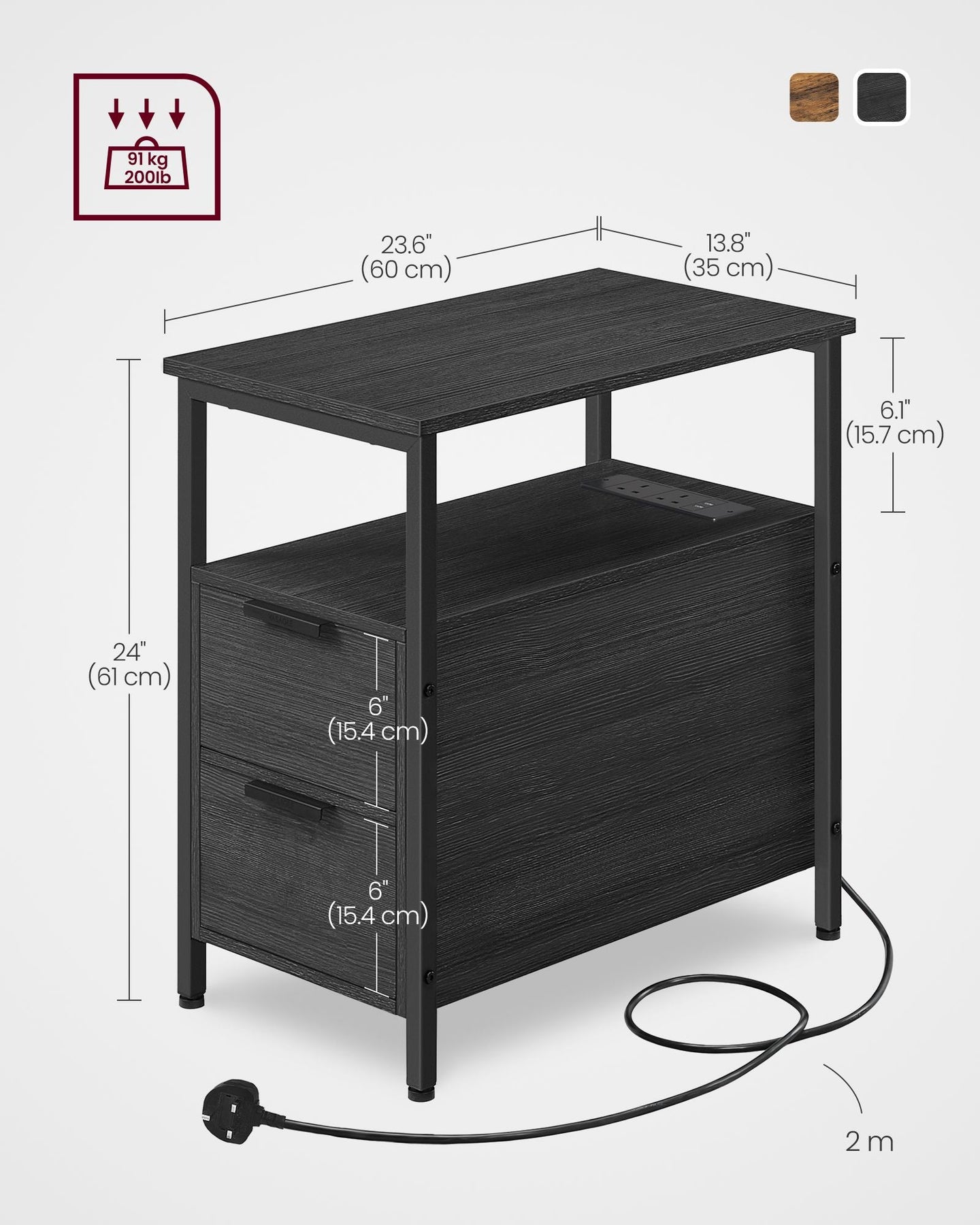 Slim Side Table - Wood - Rustic Brown - Charging Station with 2 Drawers