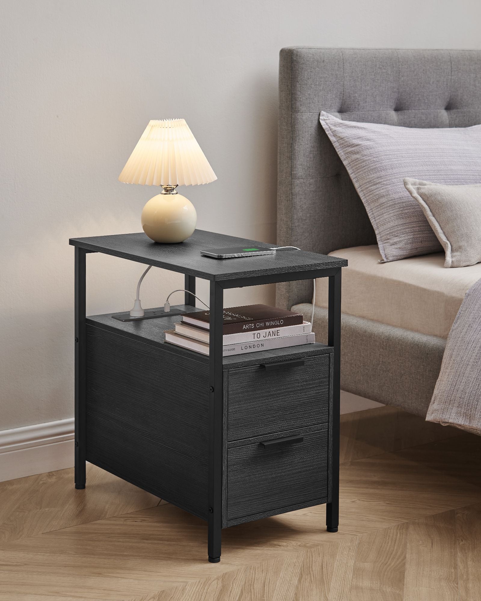 Slim Side Table - Wood - Rustic Brown - Charging Station with 2 Drawers