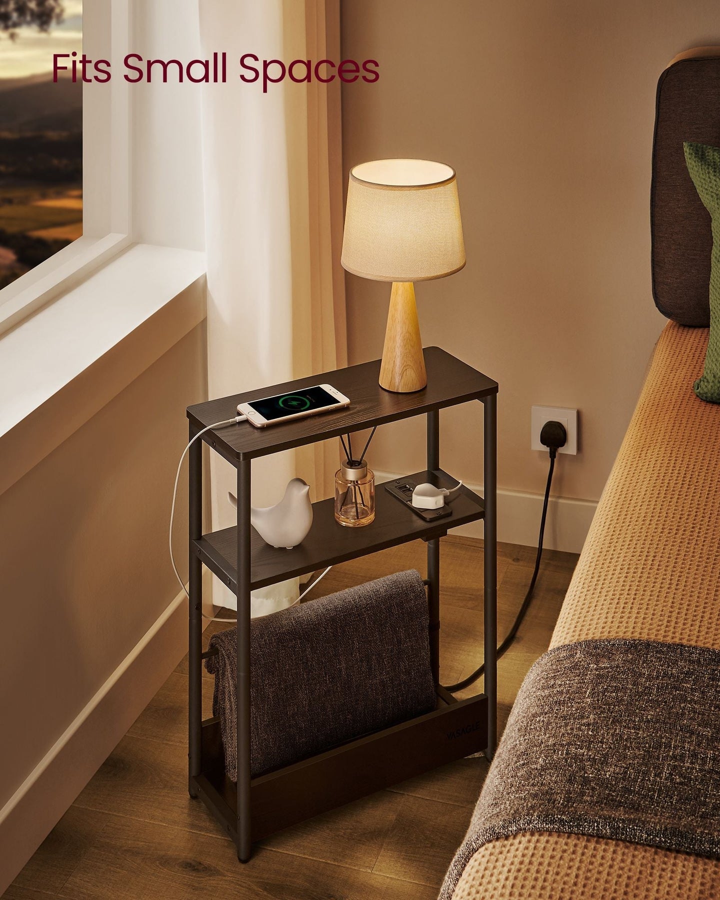 3-Tier Slim Side Table - Wood - Ebony Black - Charging Station and Magazine Rack