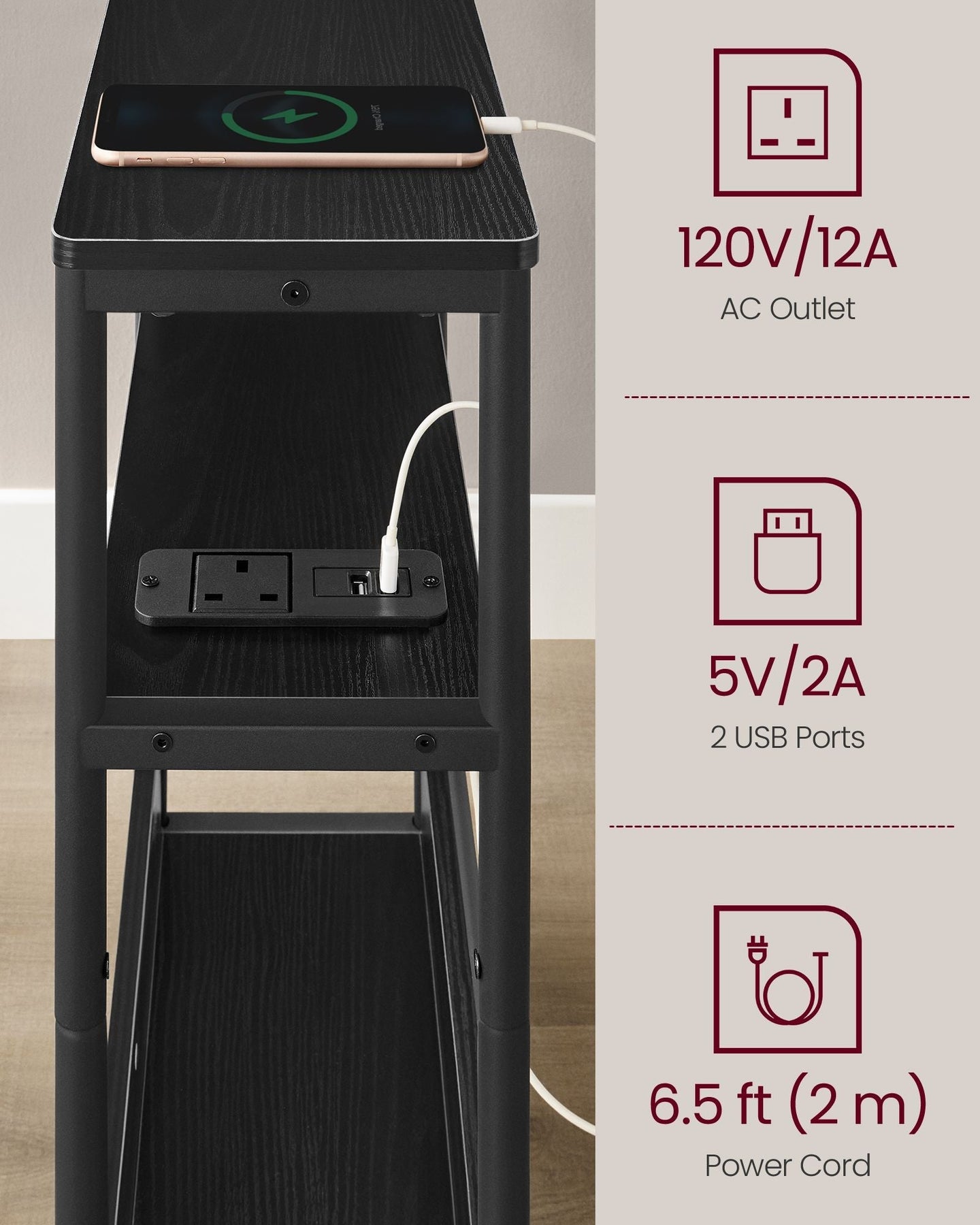 3-Tier Slim Side Table - Wood - Ebony Black - Charging Station and Magazine Rack