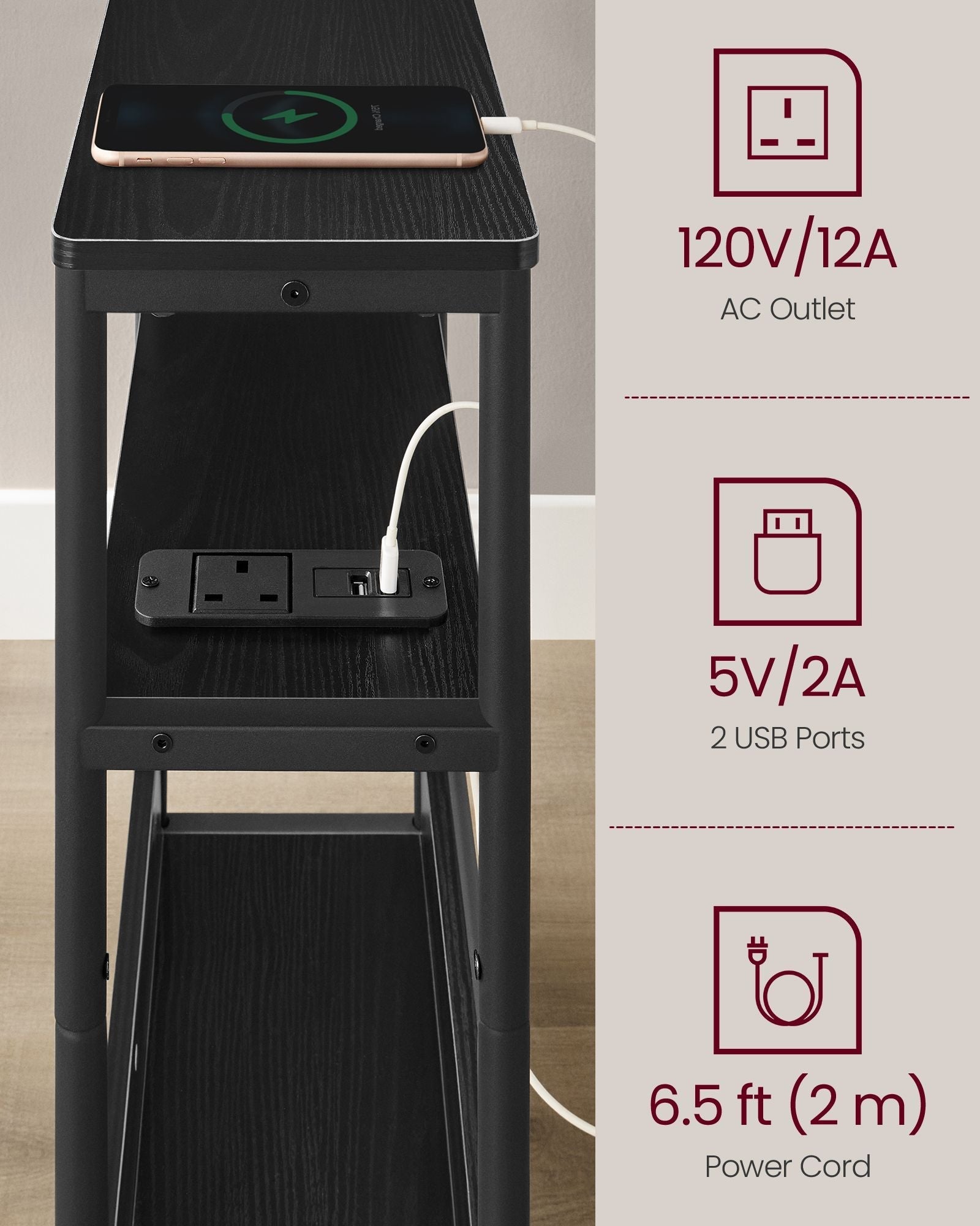 3-Tier Slim Side Table - Wood - Ebony Black - Charging Station and Magazine Rack