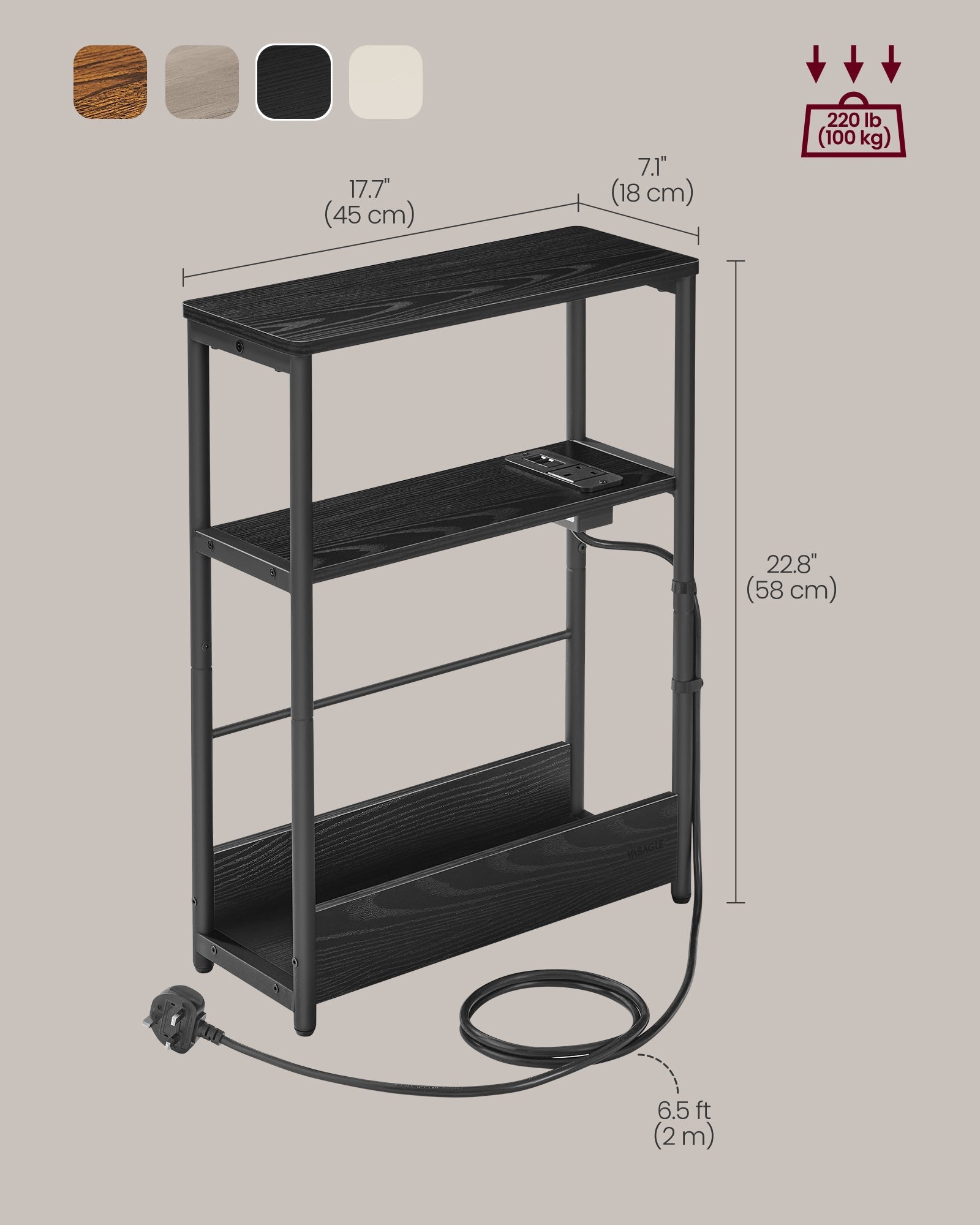 3-Tier Slim Side Table - Wood - Ebony Black - Charging Station and Magazine Rack