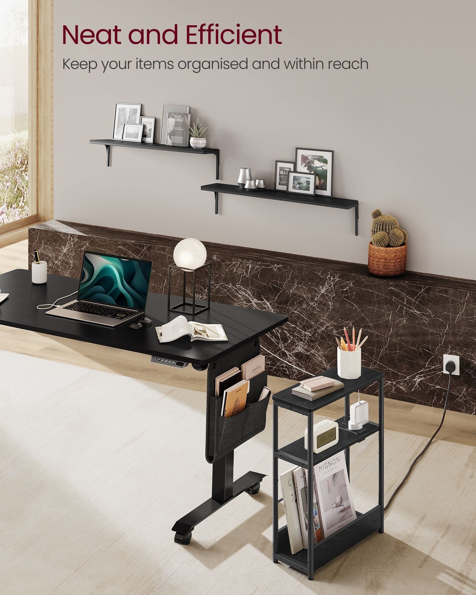 3-Tier Slim Side Table - Wood - Ebony Black - Charging Station and Magazine Rack