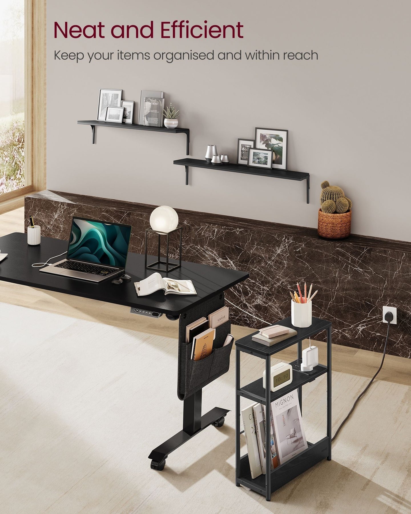 3-Tier Slim Side Table - Wood - Ebony Black - Charging Station and Magazine Rack