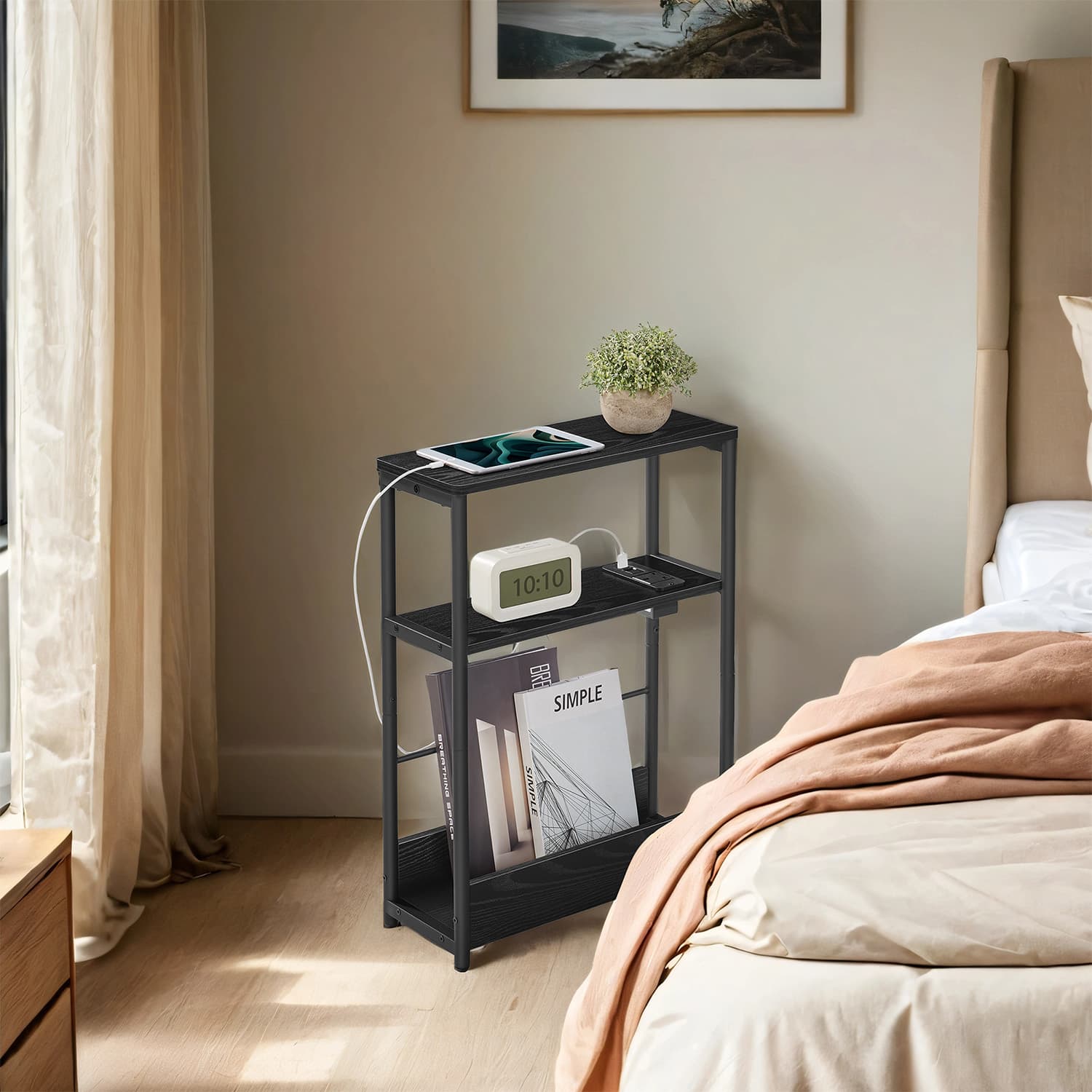 3-Tier Narrow Bedside Table - Wood - Black