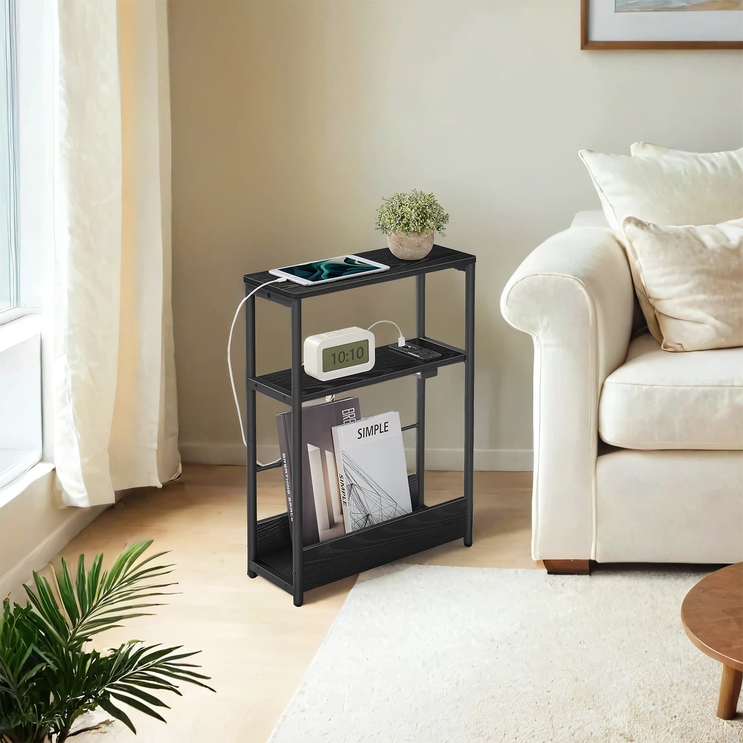 3-Tier Narrow Bedside Table - Wood - Black