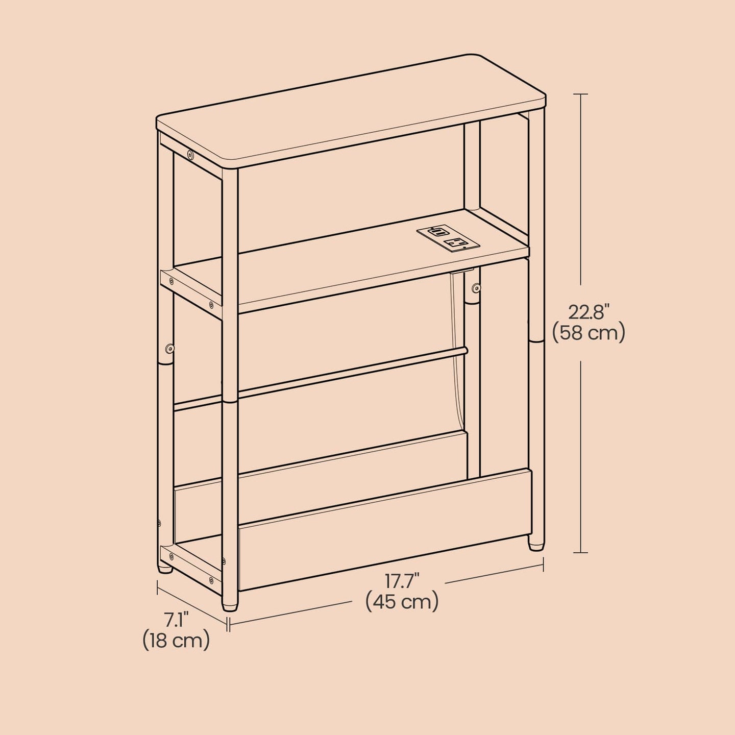 3-Tier Narrow Bedside Table - Wood - Black