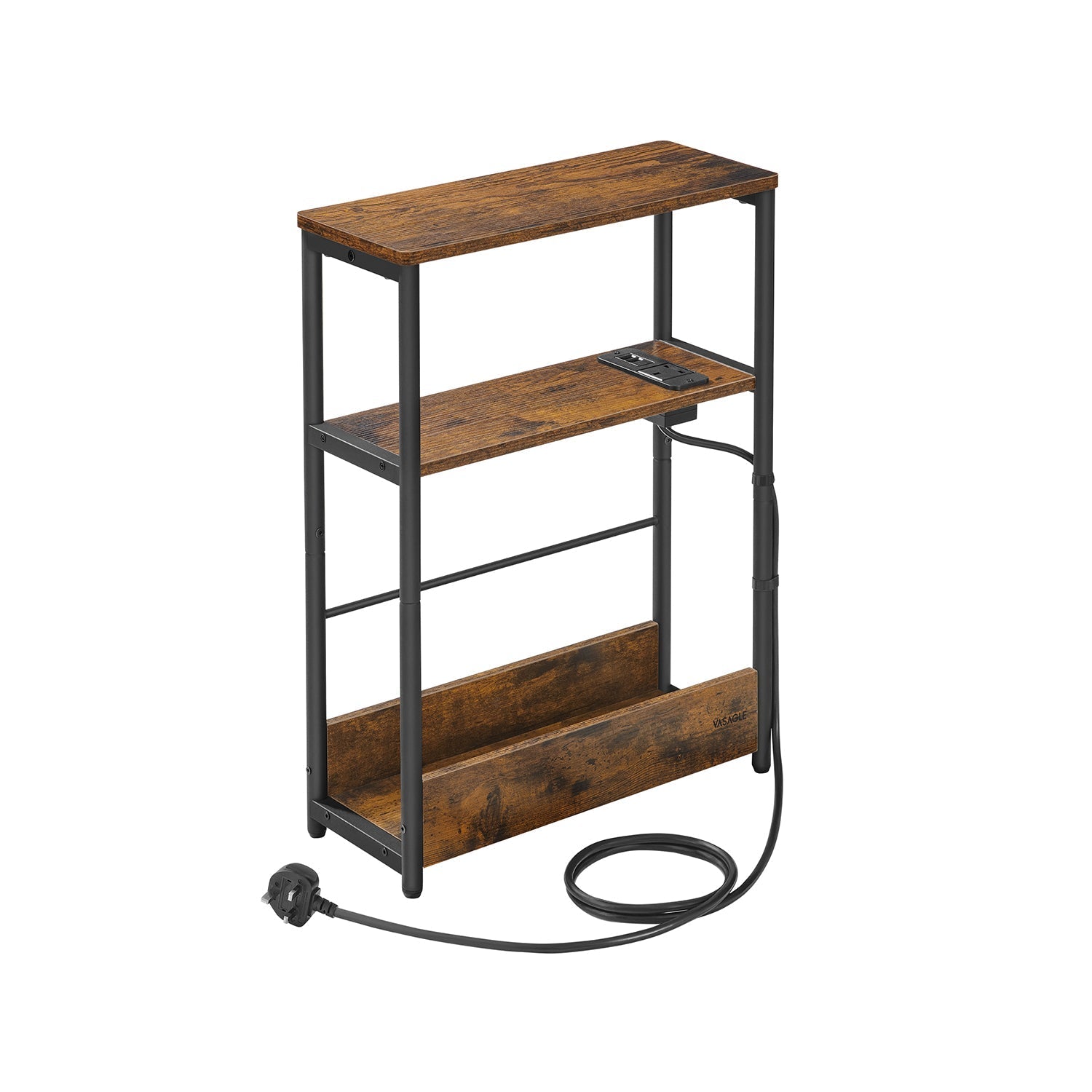 3-Tier Slim Side Table - Wood - Rustic Brown - Includes Charging Station and Magazine Rack