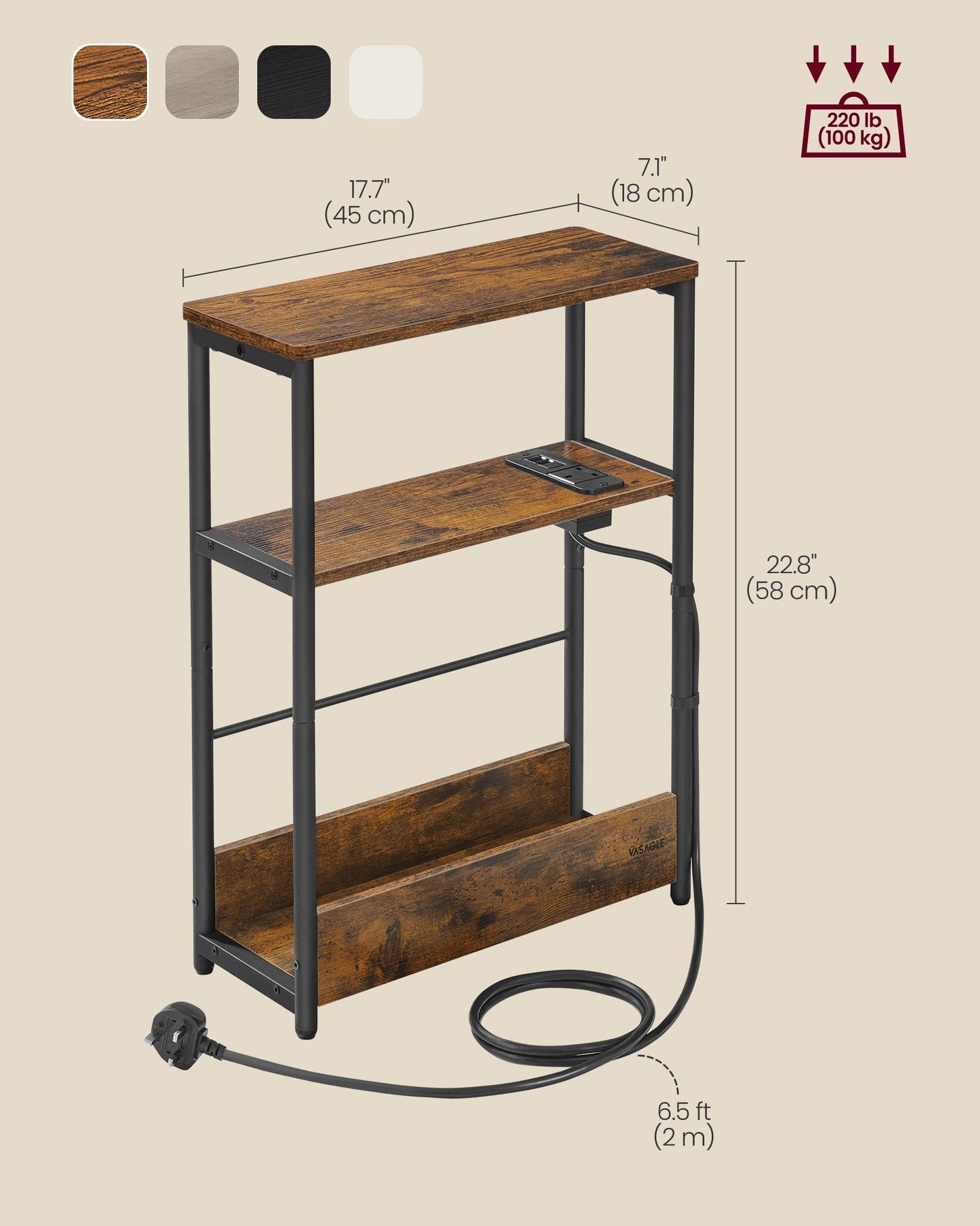 3-Tier Slim Side Table - Wood - Rustic Brown - Includes Charging Station and Magazine Rack