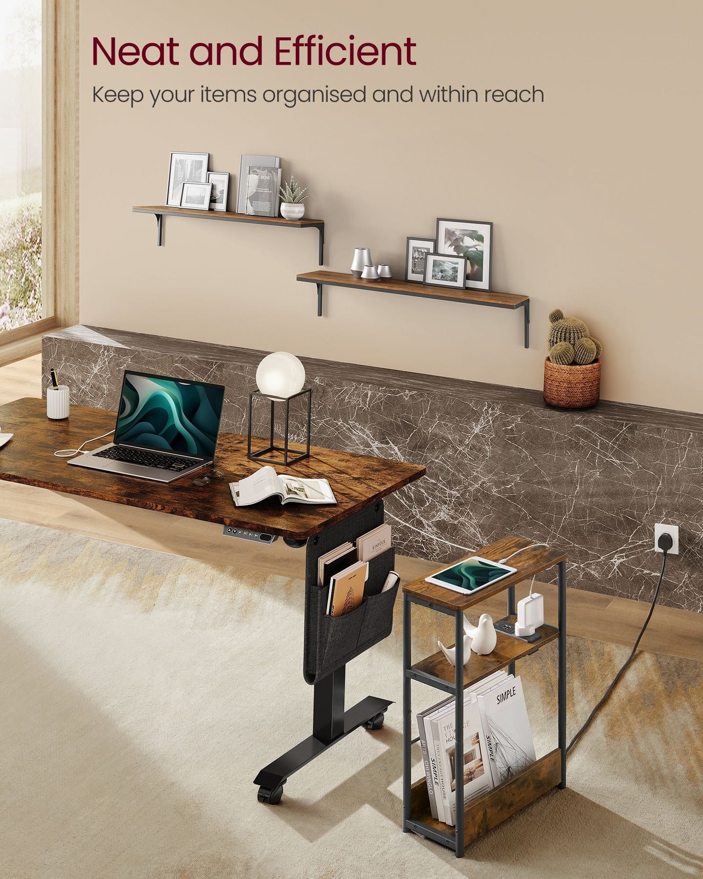 3-Tier Slim Side Table - Wood - Rustic Brown - Includes Charging Station and Magazine Rack
