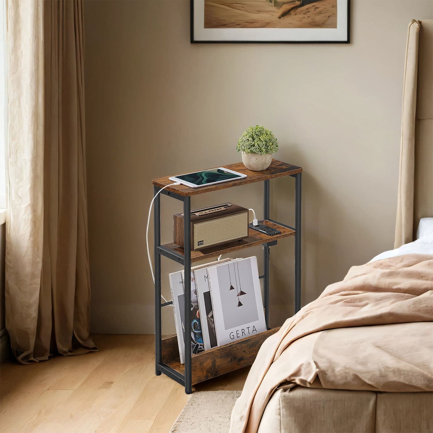 3-Tier Narrow Bedside Table - Wood - Brown