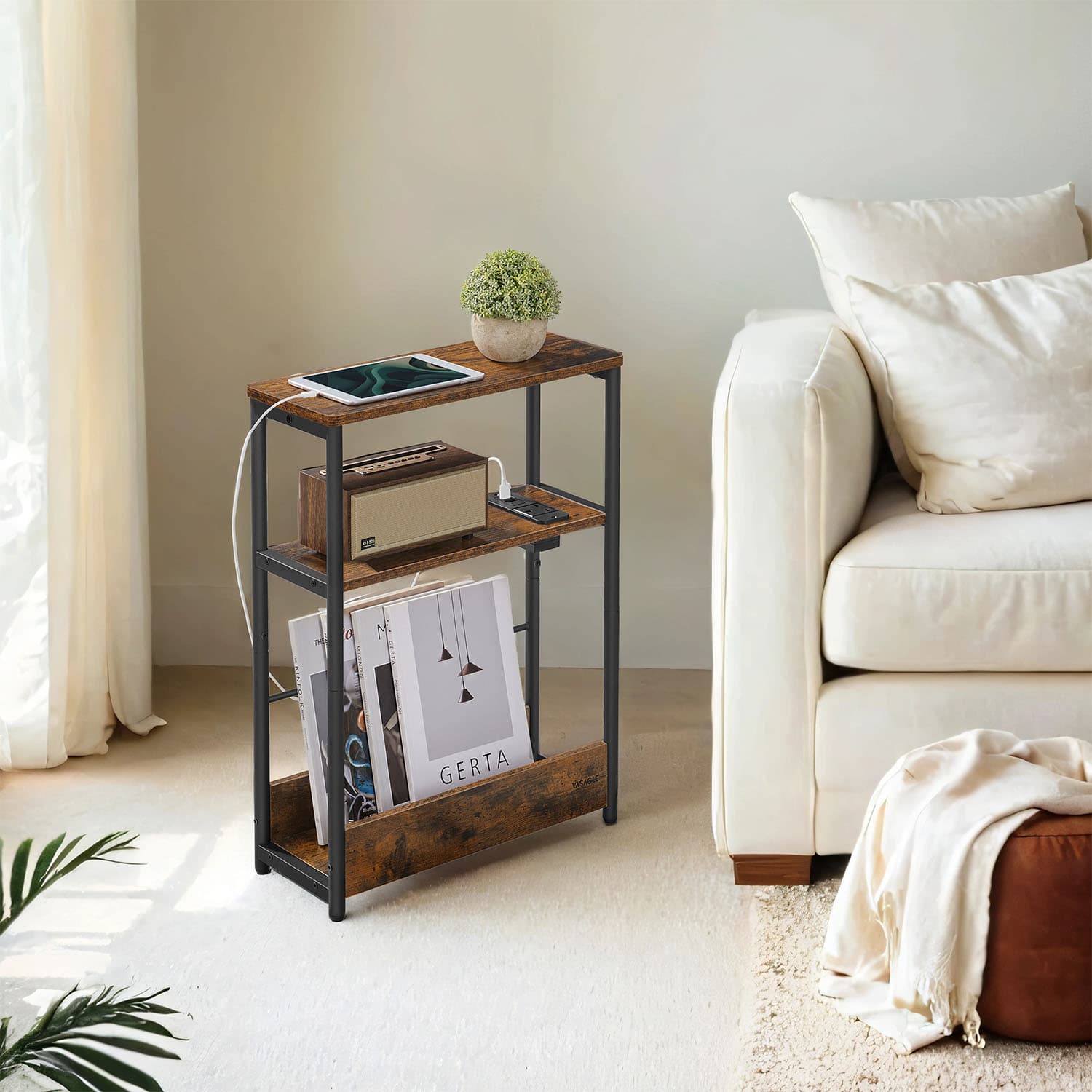 3-Tier Narrow Bedside Table - Wood - Brown