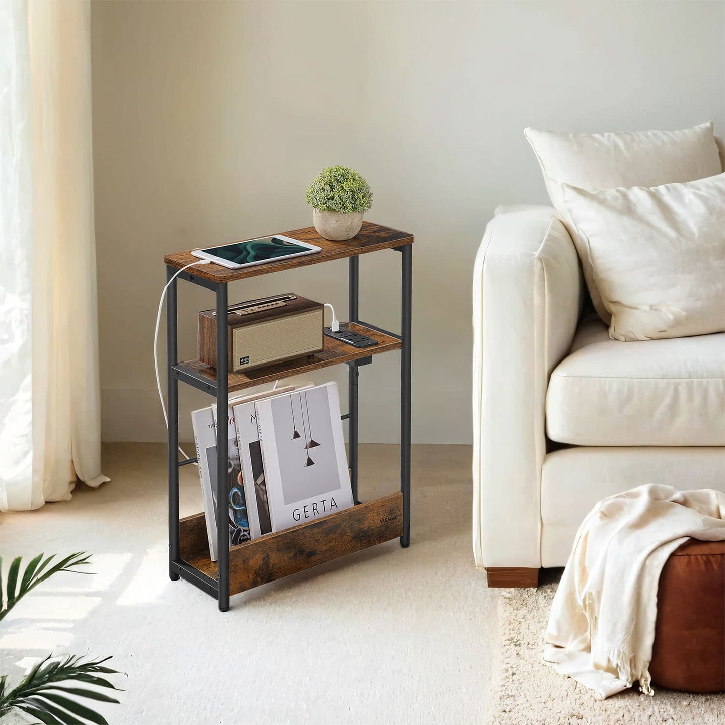 3-Tier Narrow Bedside Table - Wood - Brown