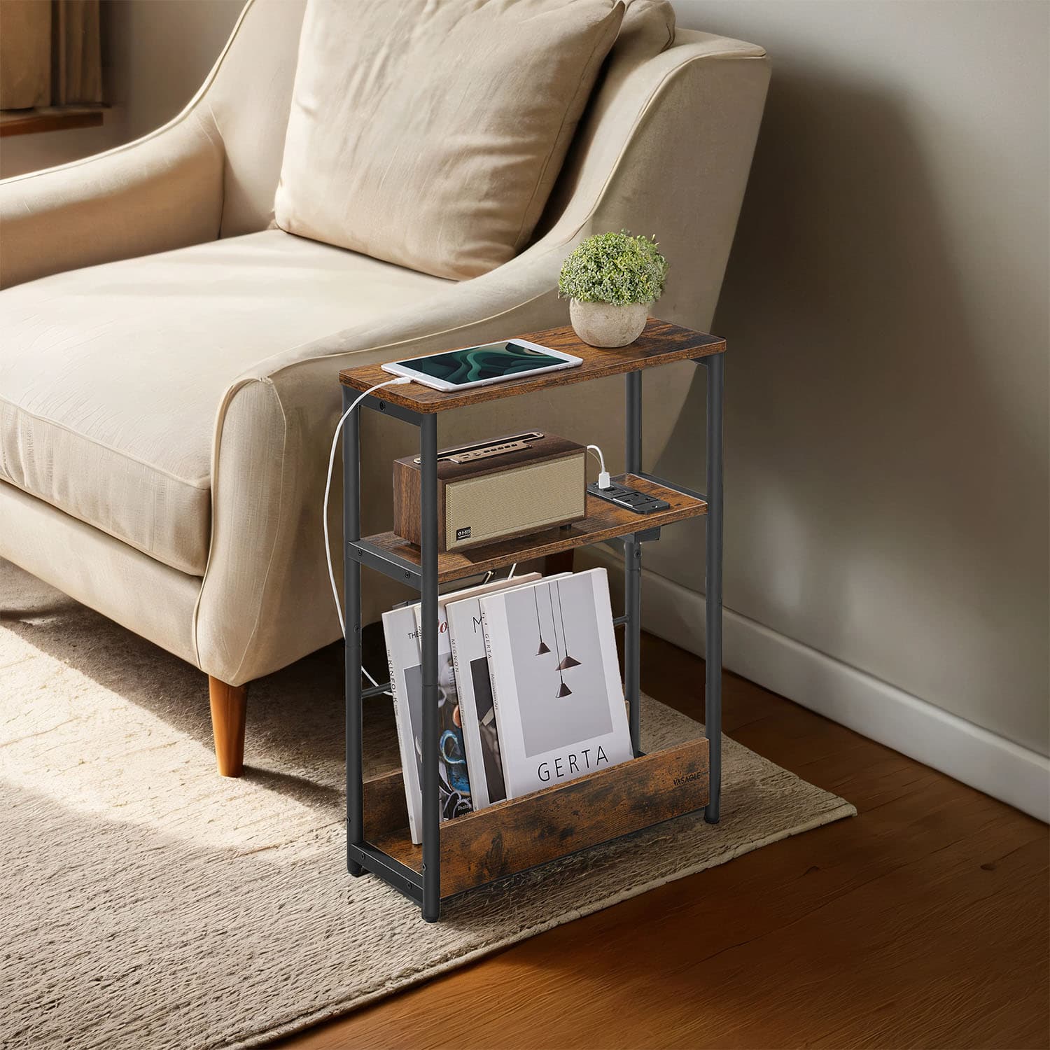3-Tier Narrow Bedside Table - Wood - Brown