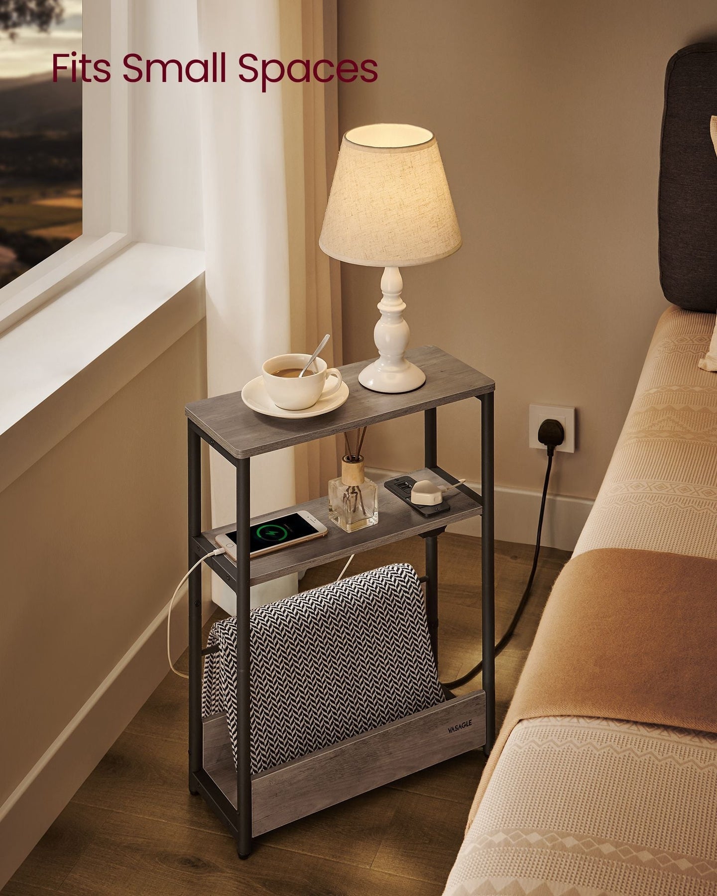 3-Tier Side Table - Wood - Heather Greige - Charging Station and Magazine Rack